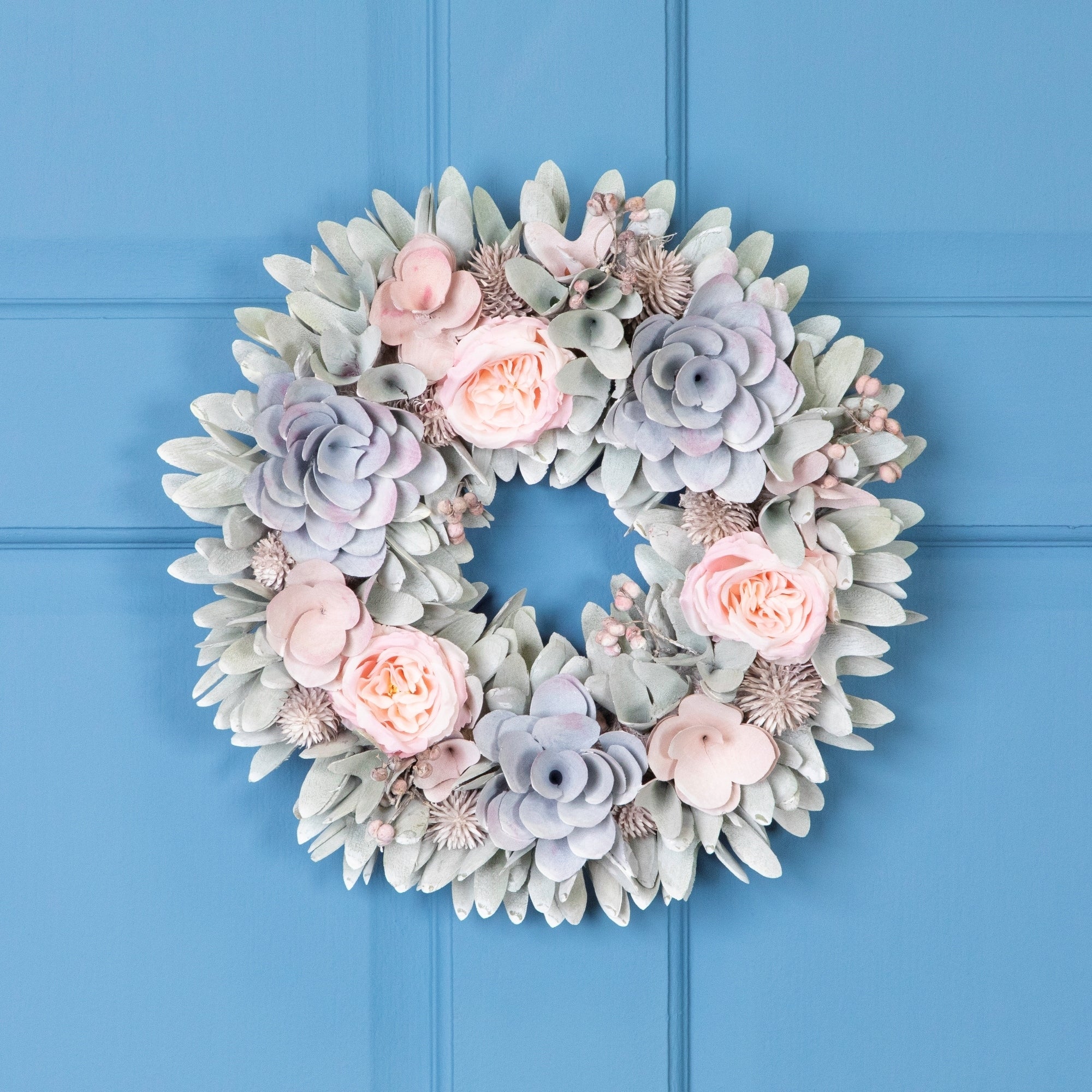 Roses and Thistle Wooden Artificial Floral Spring Wreath - 14