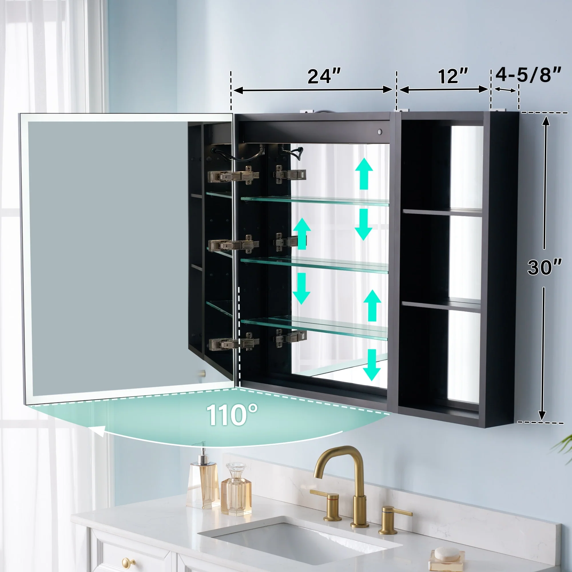 30 in. H Recessed or Surface Wall Mounted LED Mirror Cabinet With Black Side Cabinet