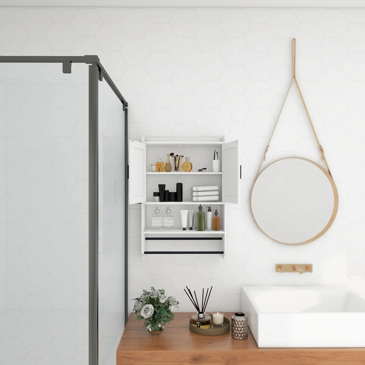Bathroom Wall Cabinet with Doors,Adjustable Shelf,Towel Bar and Paper Holder,Over The Toilet Storage Cabinet,Medicine Cabinet