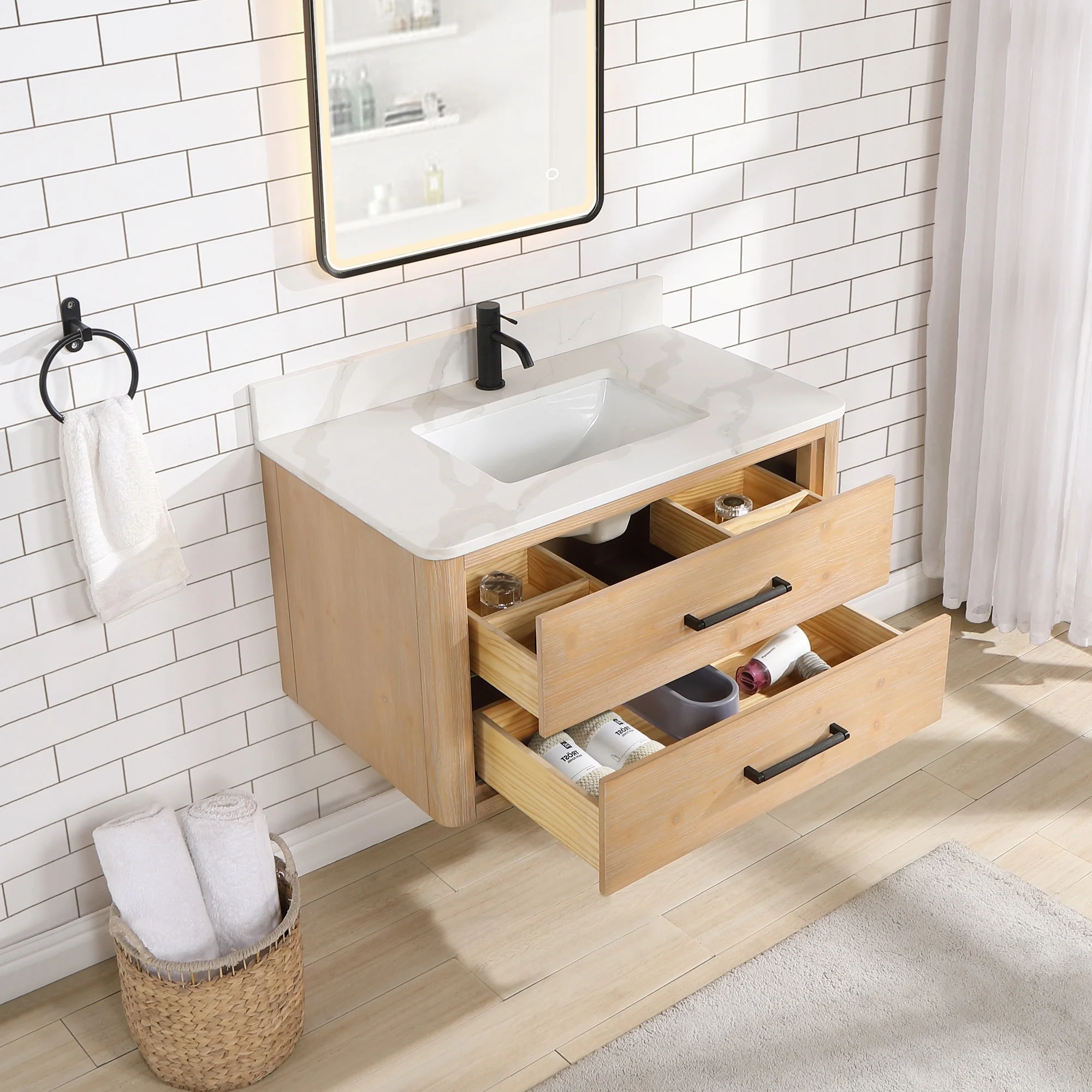 Cristo Floating Bath Vanity with White Quartz Stone Top and Mirror