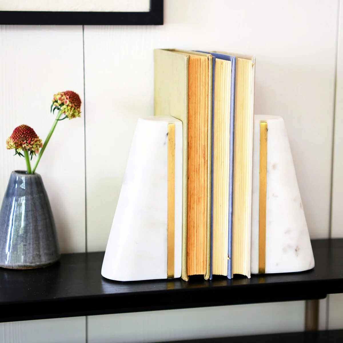 Geometric Marble Bookends with Brass Inlay