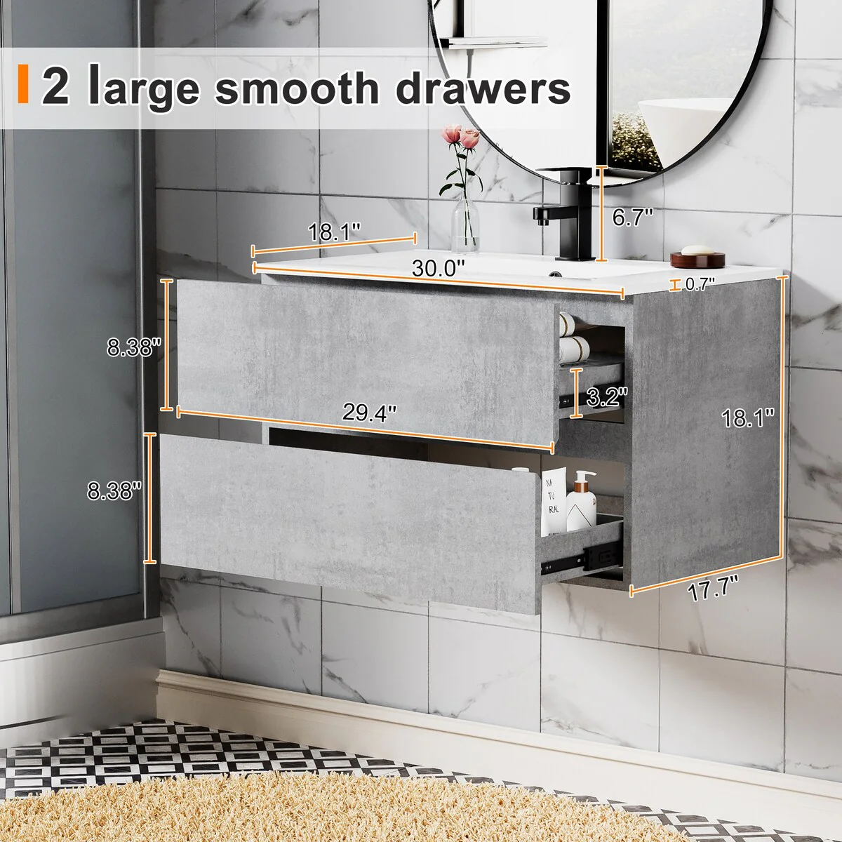 Wall Mounted Bathroom Vanity Sink Combo Cabinet Vanity Set Beveled Invisible Handles