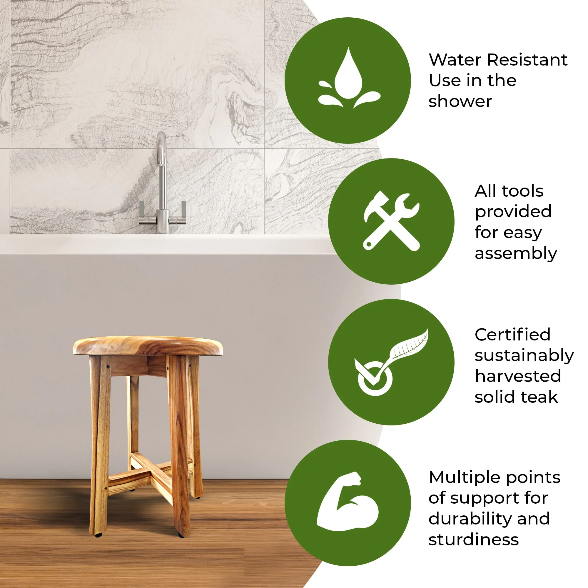 EcoDecors Shoji 13.5in Teak Wood Round Compact Shaving Shower Foot Stool - 11.5