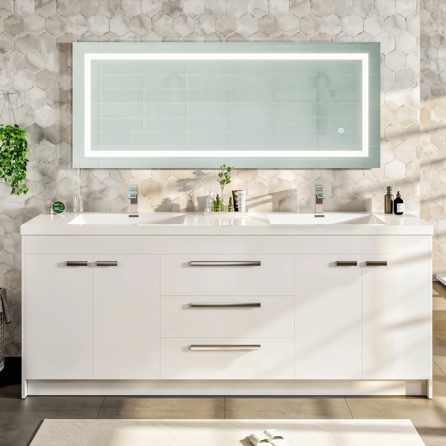 Eviva Lugano 84 inch White Modern Double Sink Bathroom Vanity with White Integrated Acrylic Top