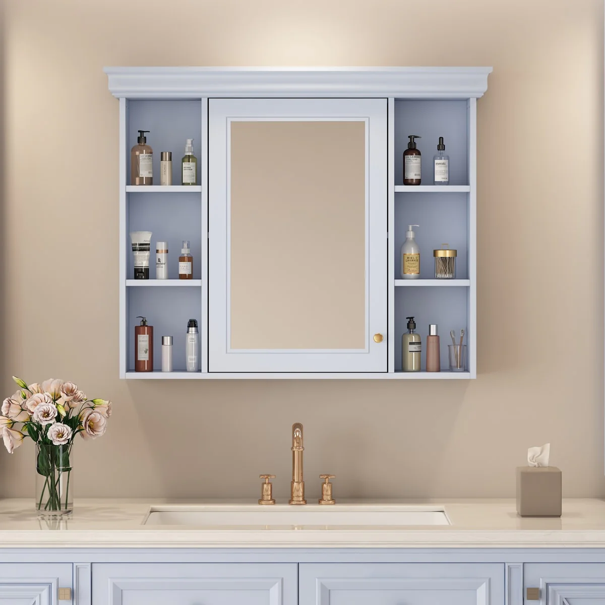 Modern Wall Mounted Bathroom Medicine Cabinet with Mirror Door & 6 Open Shelves