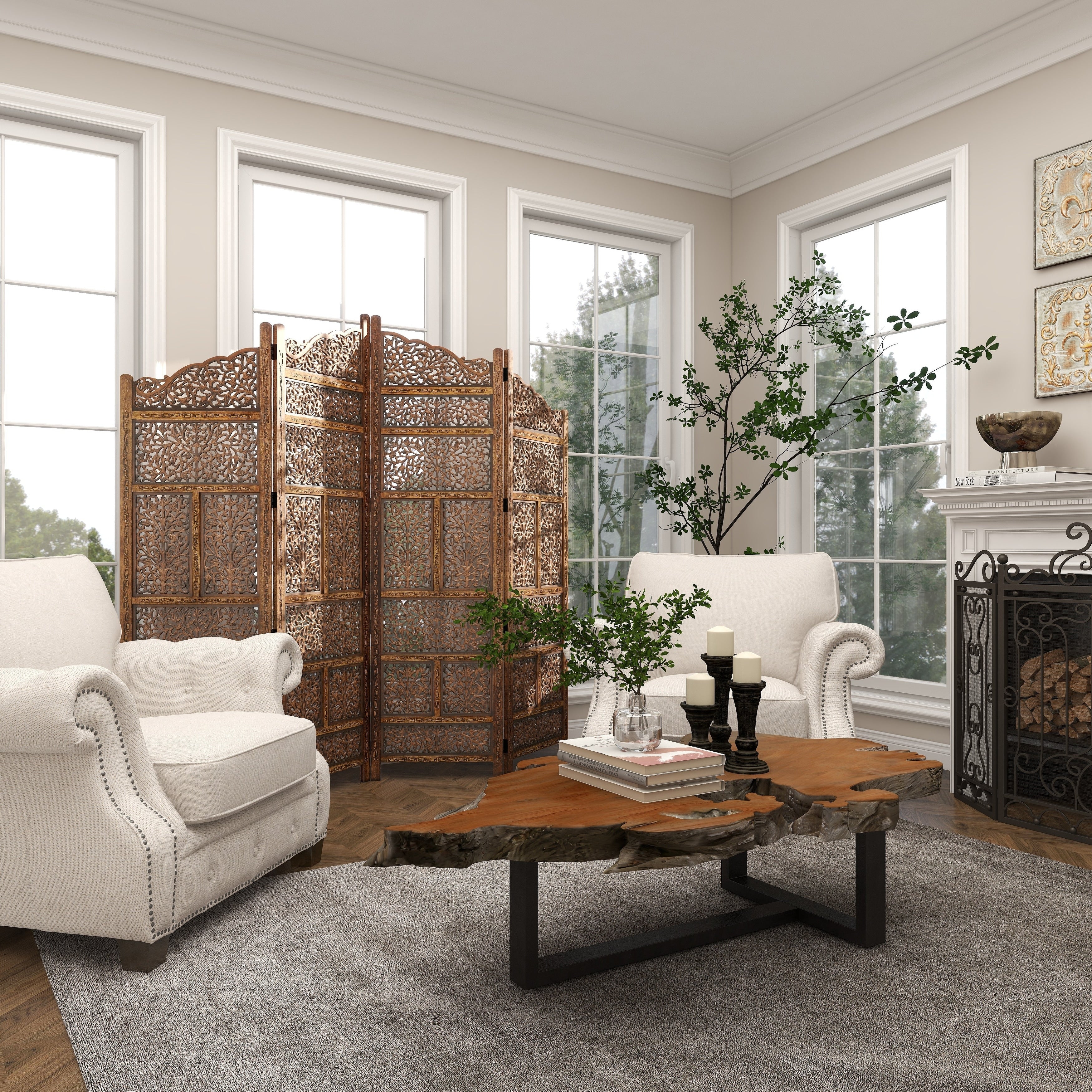 Hand Carved Fold-able 4-Panel Wooden Partition Screen/ Room Divider, Brown