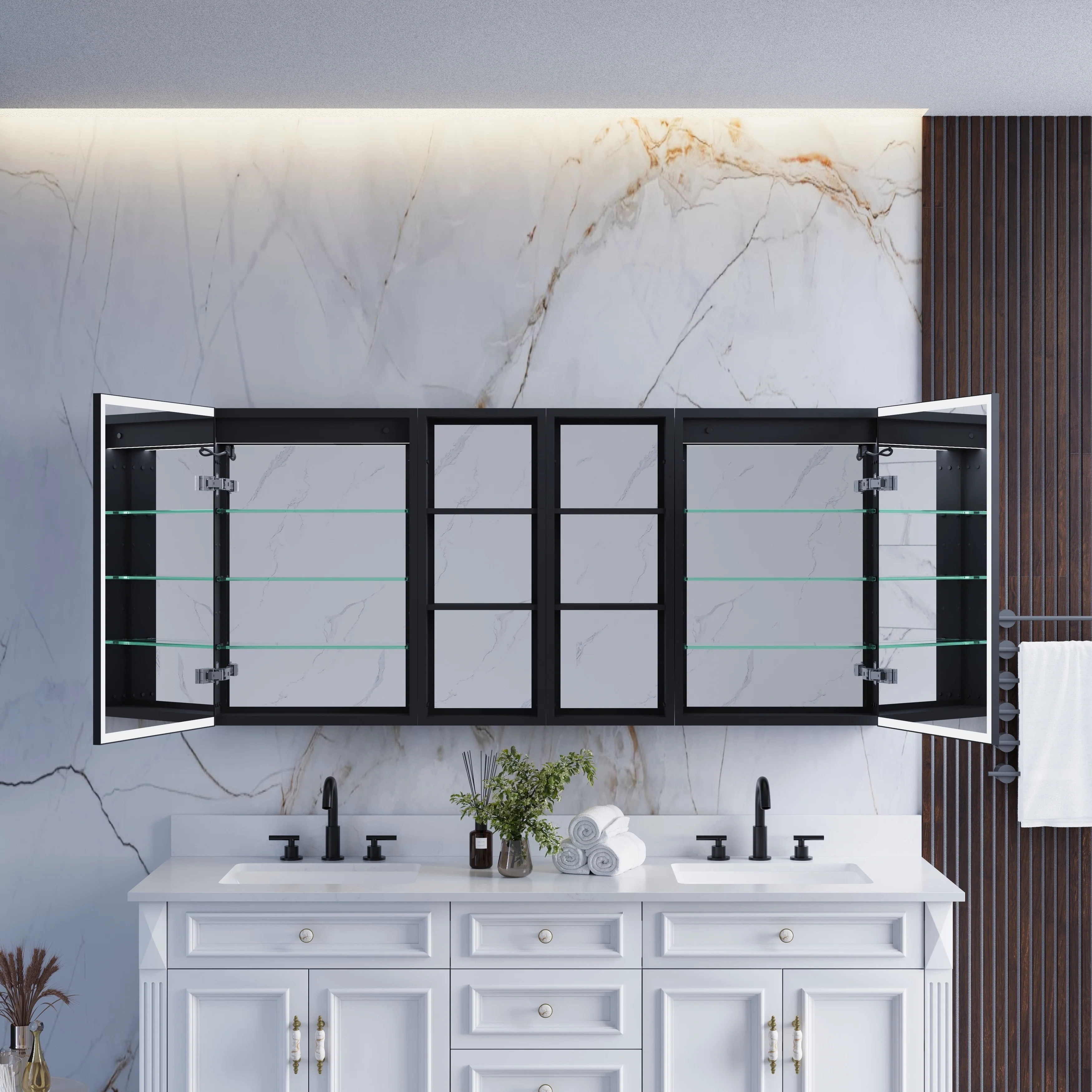 30 in. H Recessed or Surface Wall Mounted LED Mirror Cabinet With Black Side Cabinet