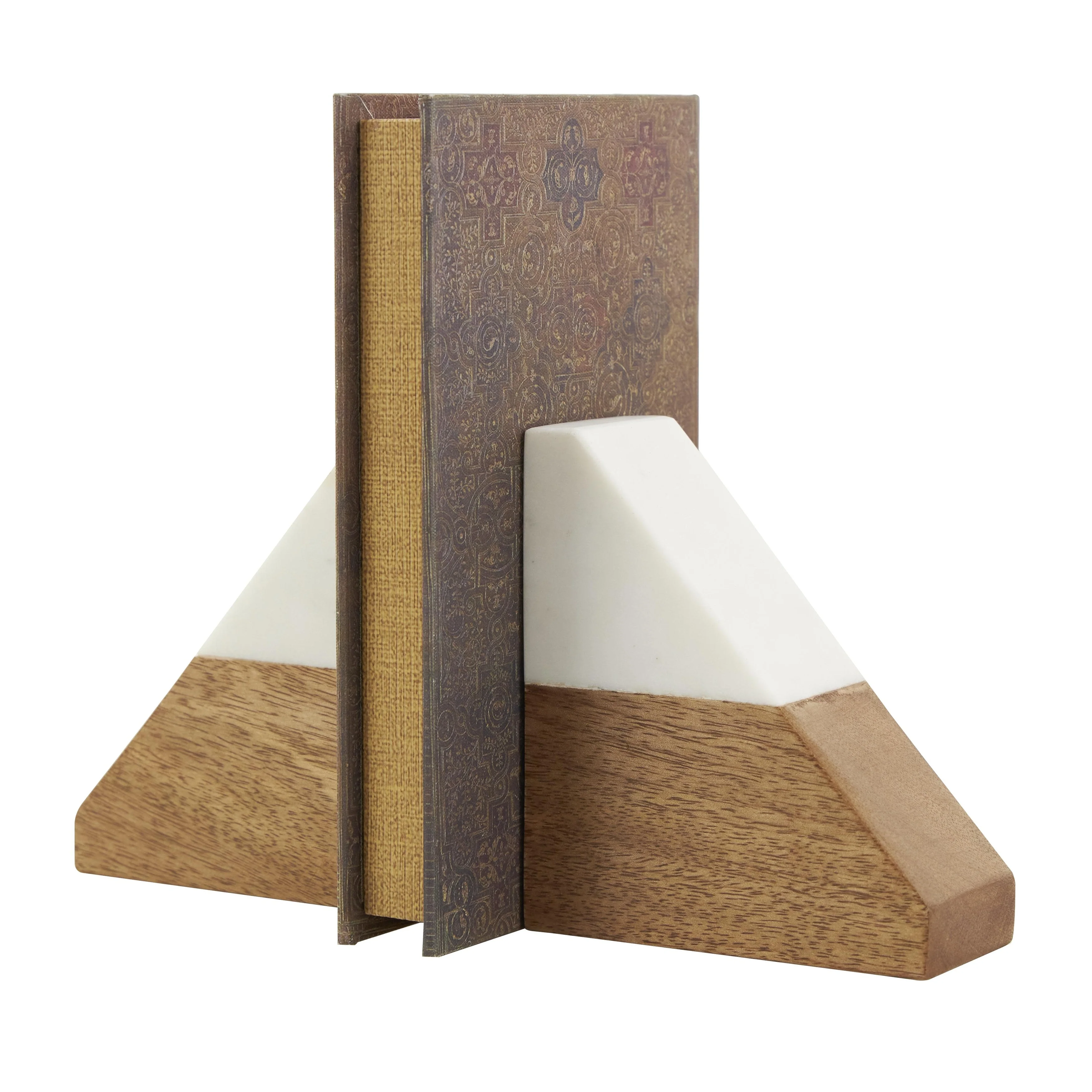 Mango Wood Geometric Triangle 3 lbs Decorative Bookends with White Marble Tops - Set of 2 Brown - Roche River Decor