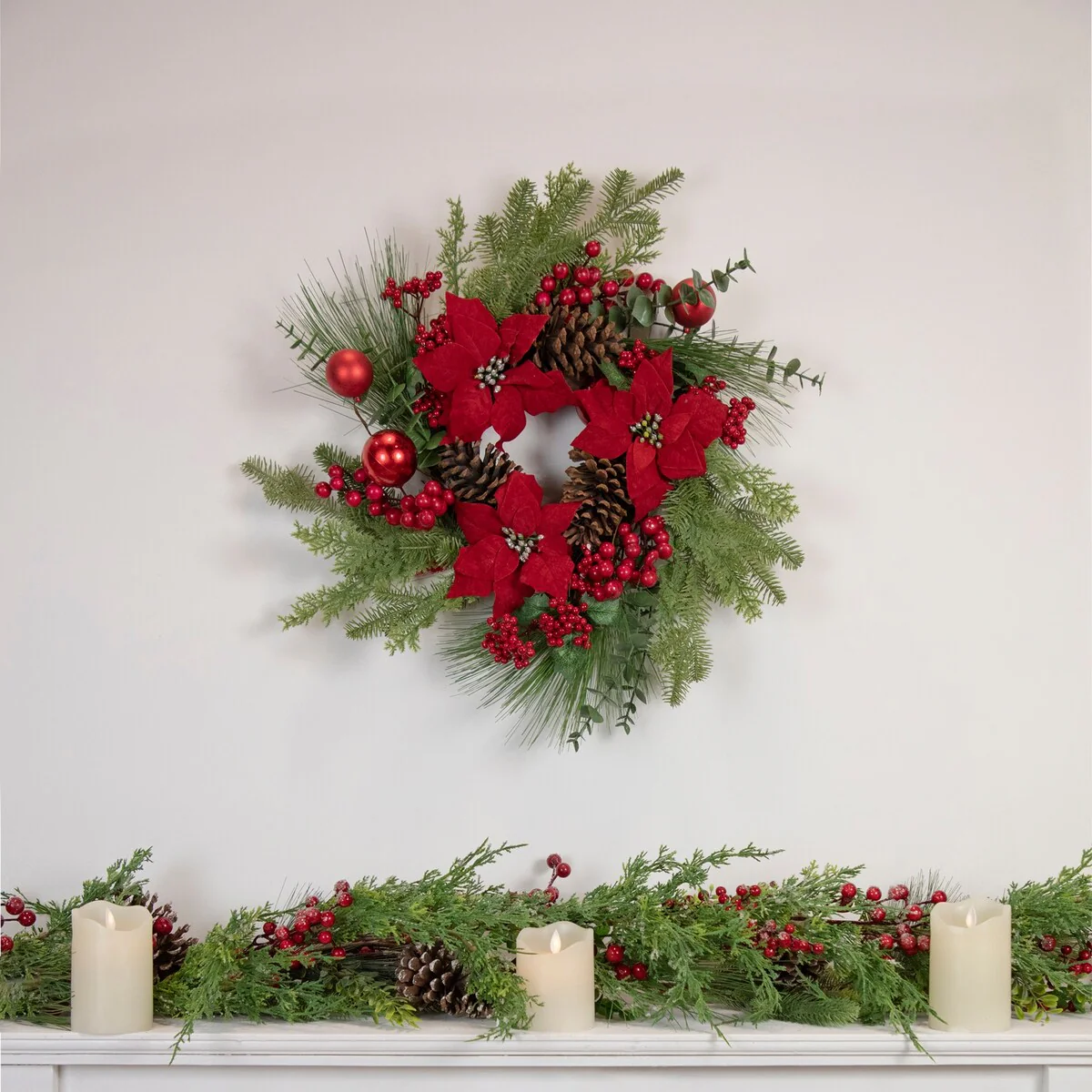 Artificial Red Berry and Poinsettia Christmas Wreath 22-Inch Unlit - 22