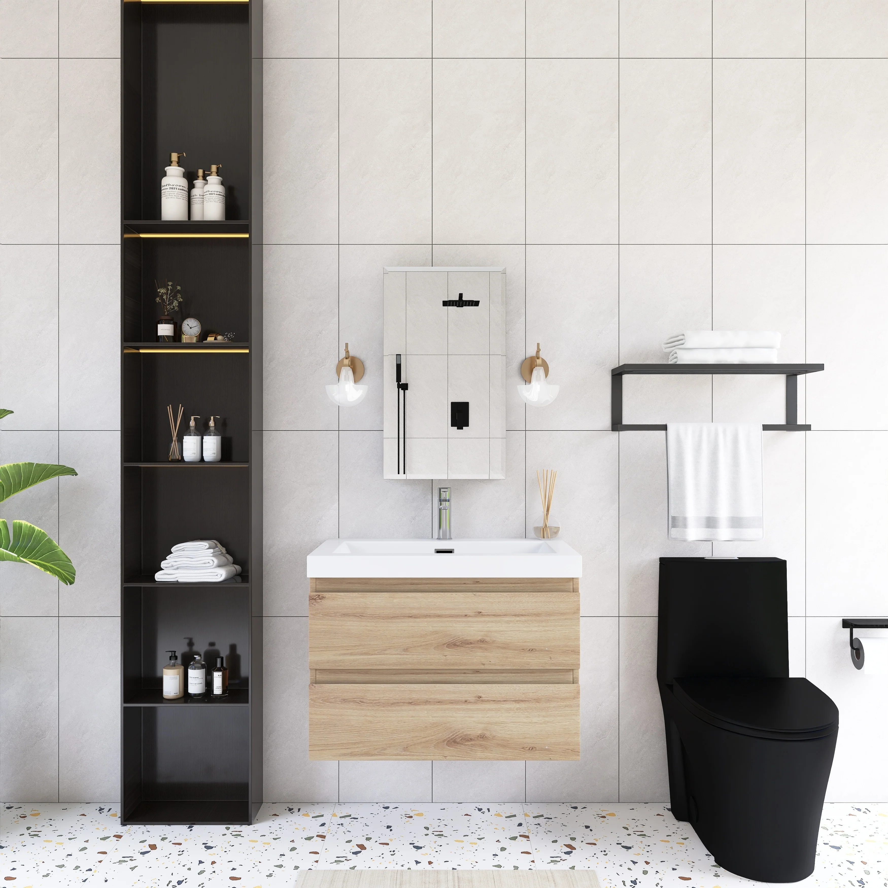 Angela Wall Mounted Bathroom Vanity in F. Oak with White Cultured Marble Top