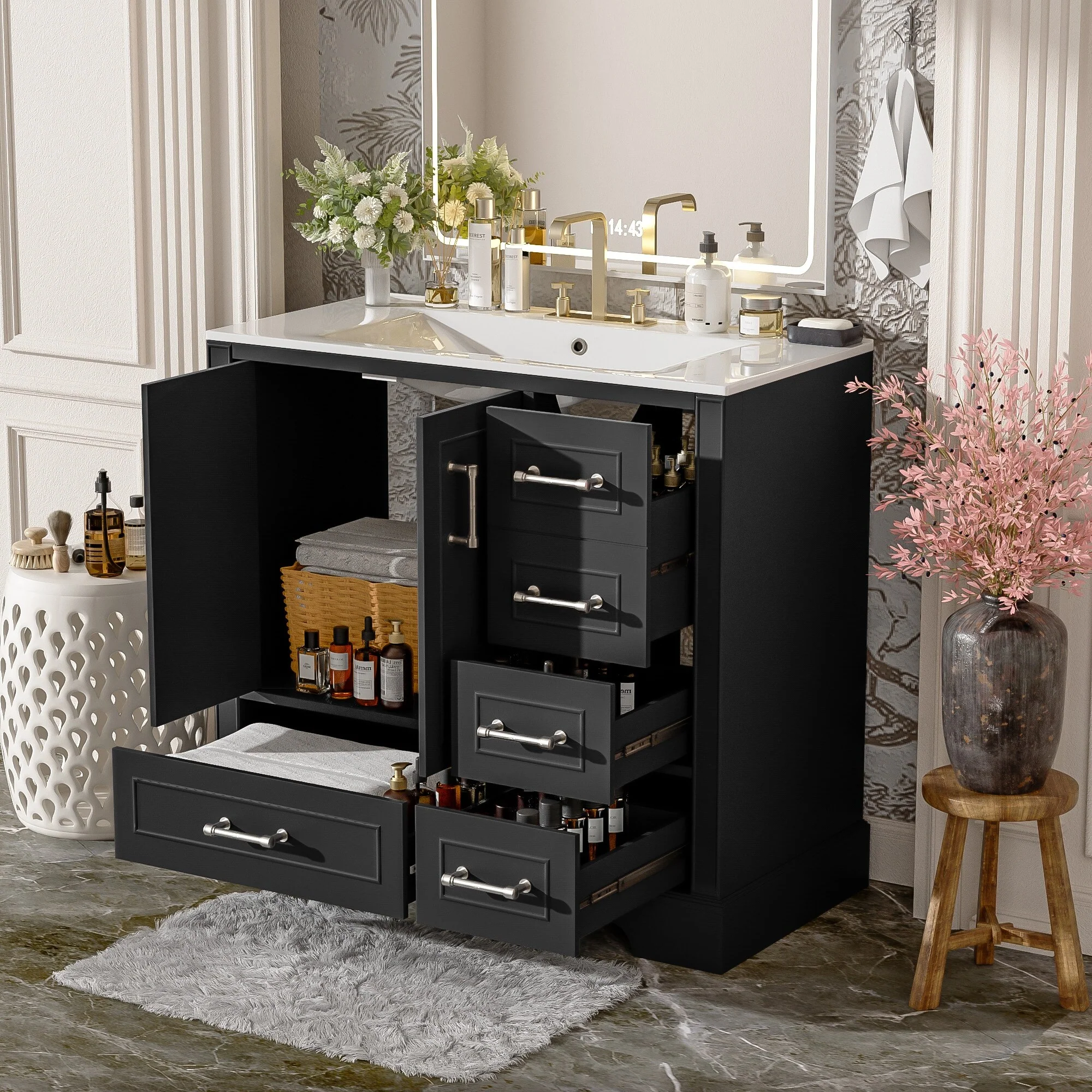 Bathroom Vanity with Resin Sink, Bathroom Vanity Set with 4 Drawers, Bathroom Storage Cabinet with 2 Soft Close Doors