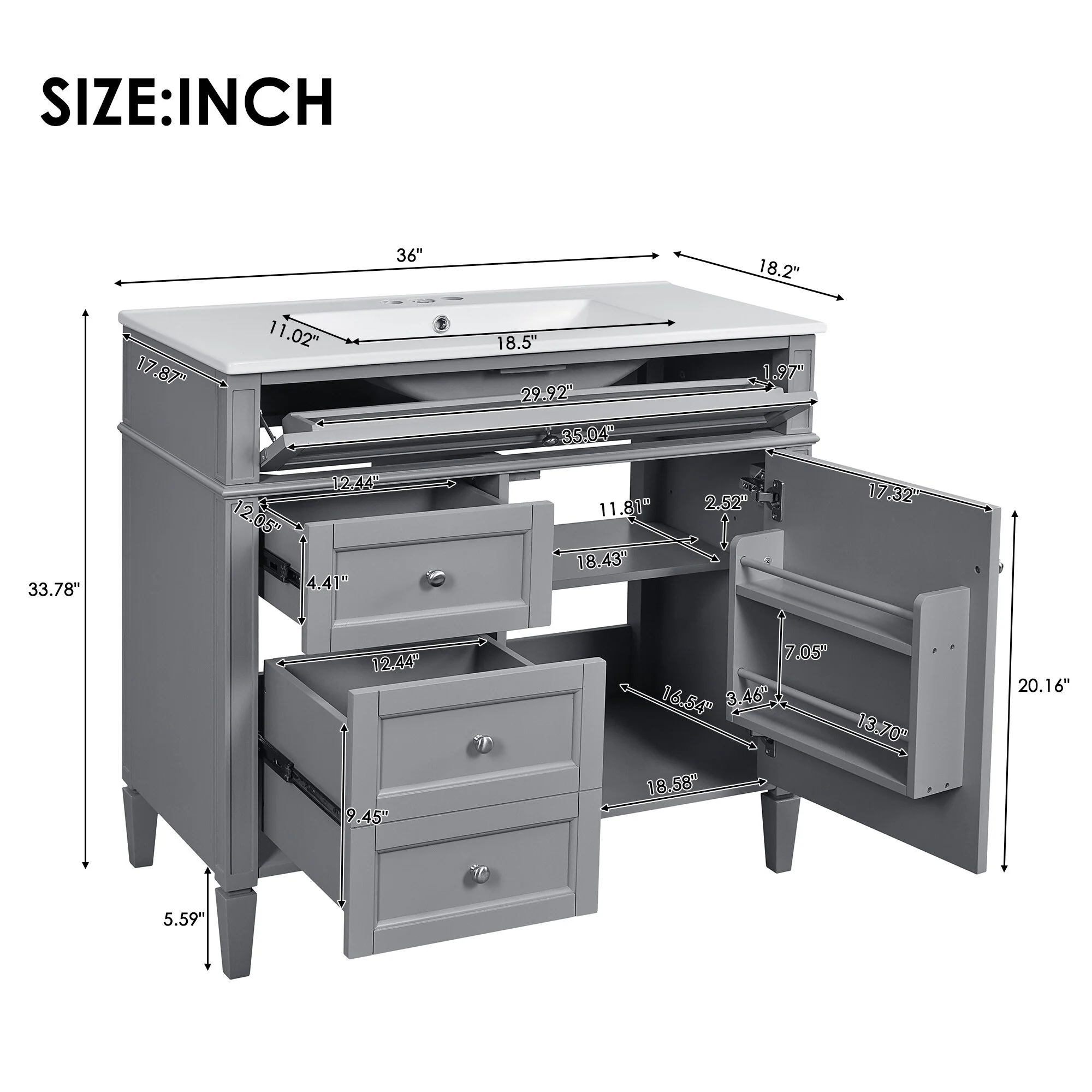 Bathroom Vanity with Single Sink, Bathroom Vanities with 2 Drawers, Bathroom Storage Cabinet with 1 Tip-Out Drawer and 1 Door