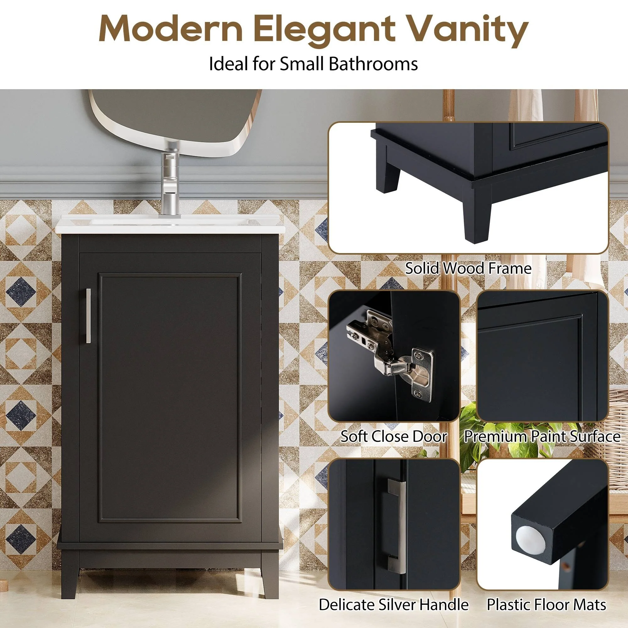 20 Inch Modern Bathroom Vanity with Ceramic Sink Small Space Cabinet