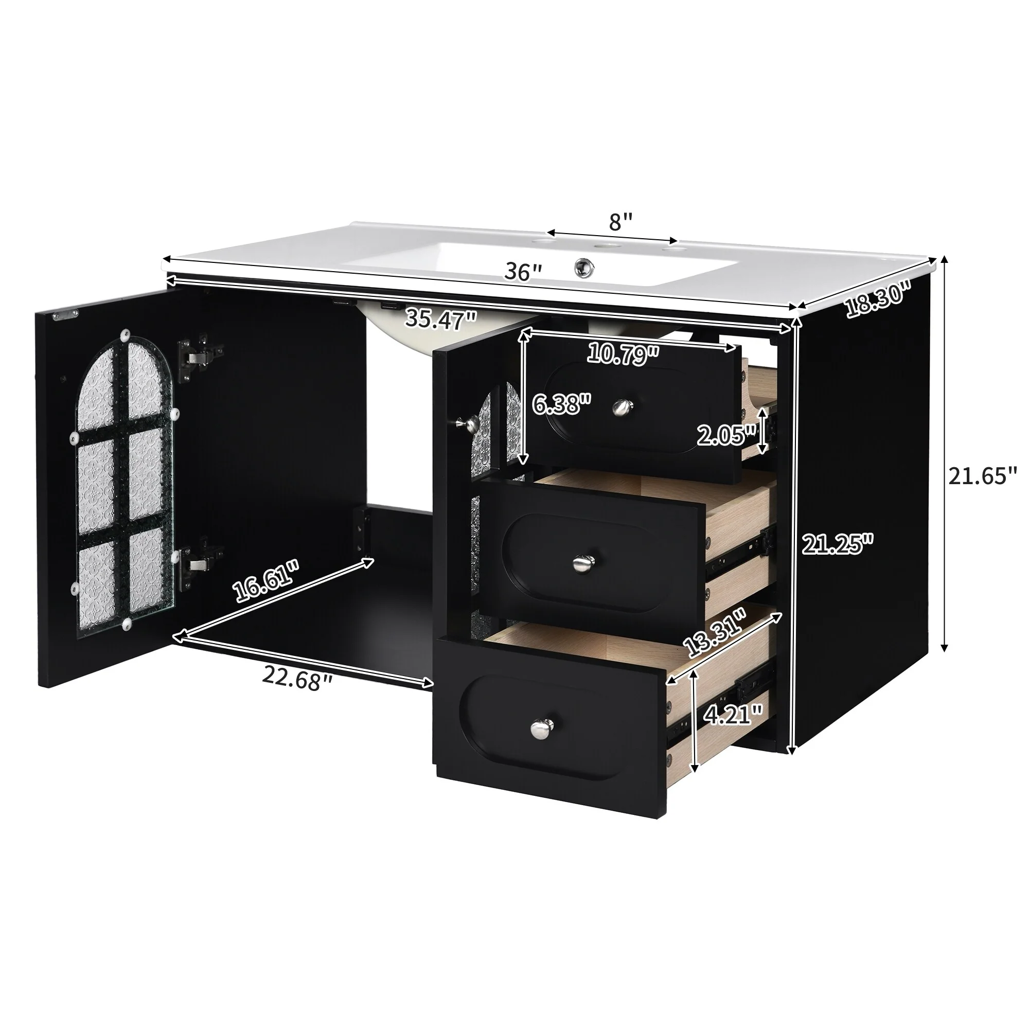 GDFStudio 36 Inch Floating Bathroom Vanity with Ceramic Sink, Wall Mounted Bathroom Cabinet with 3 Drawers