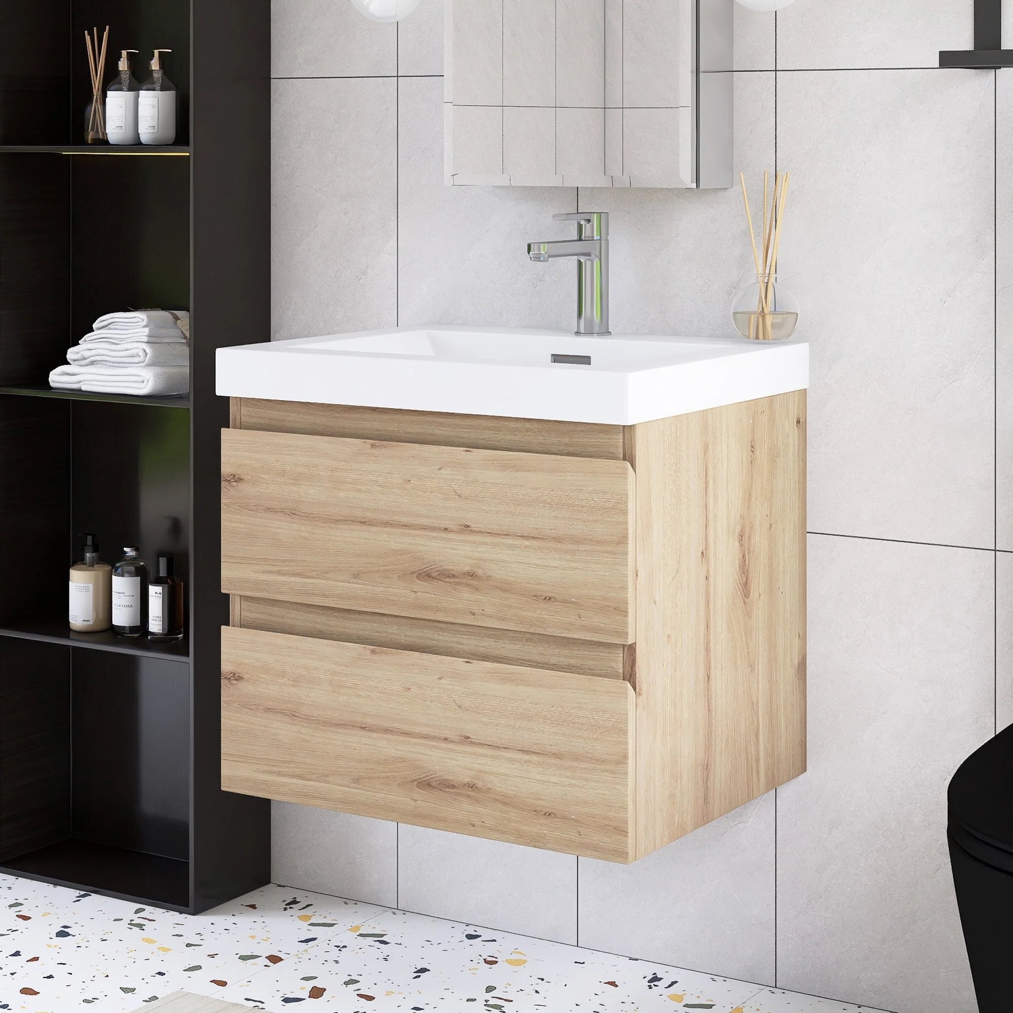 Angela Wall Mounted Bathroom Vanity in F. Oak with White Cultured Marble Top