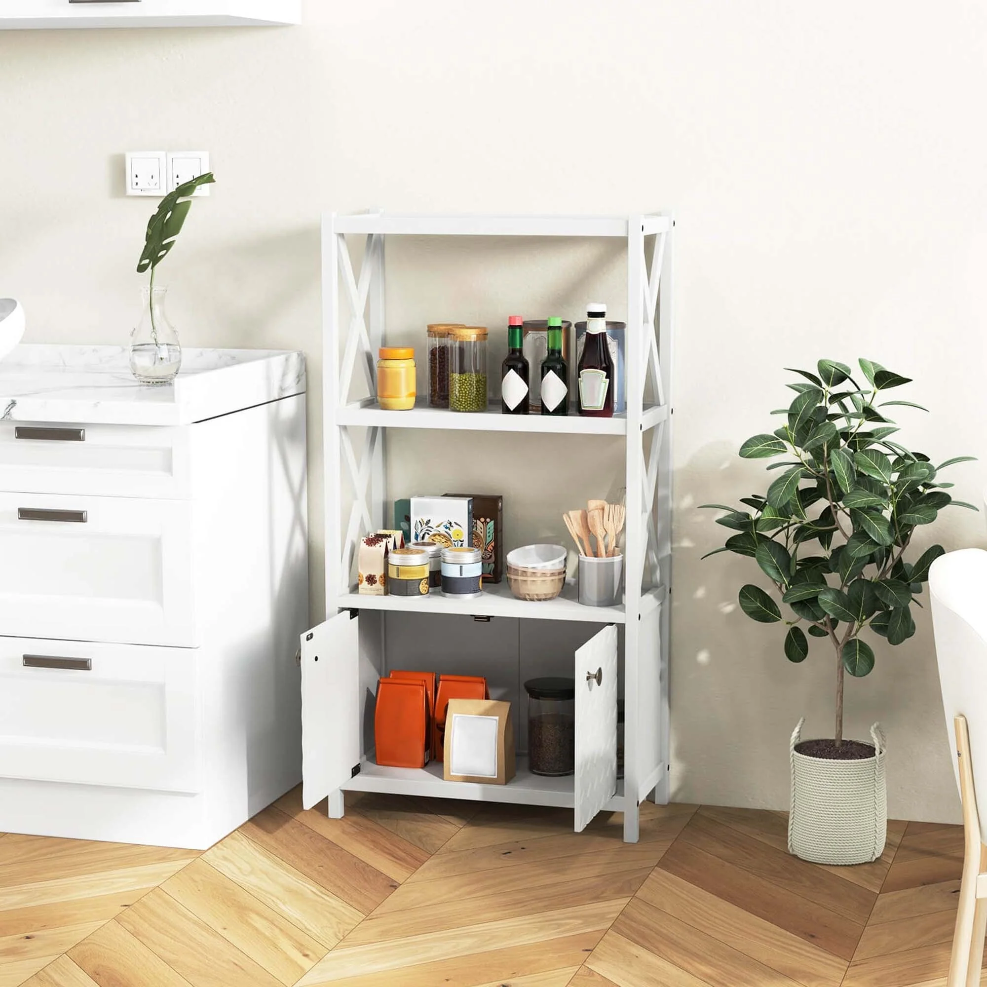 Costway Bathroom Storage Cabinet with Open Shelves & Double Doors - See Details