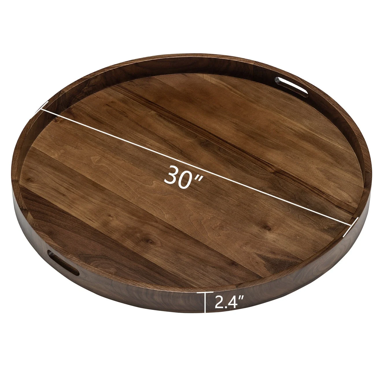 KINWELL Round Black Walnut Wood Serving Tray Ottoman Tray with Handles