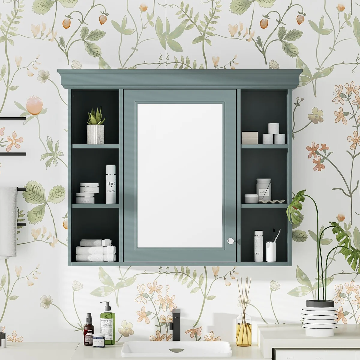 Modern Wall Mounted Bathroom Medicine Cabinet with Mirror Door & 6 Open Shelves