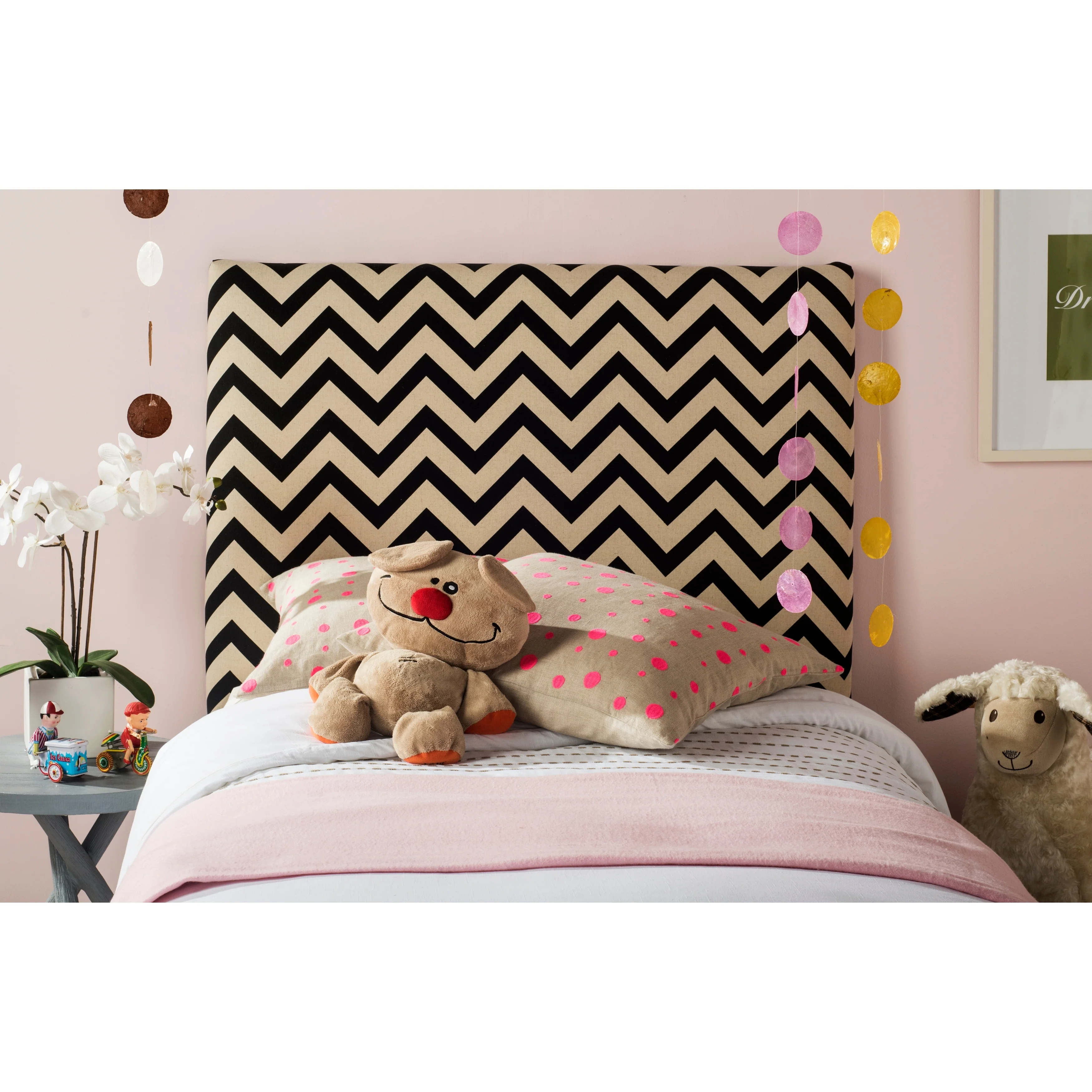 SAFAVIEH Kenisha Black/ Off-White Upholstered Chevron Headboard (Twin)