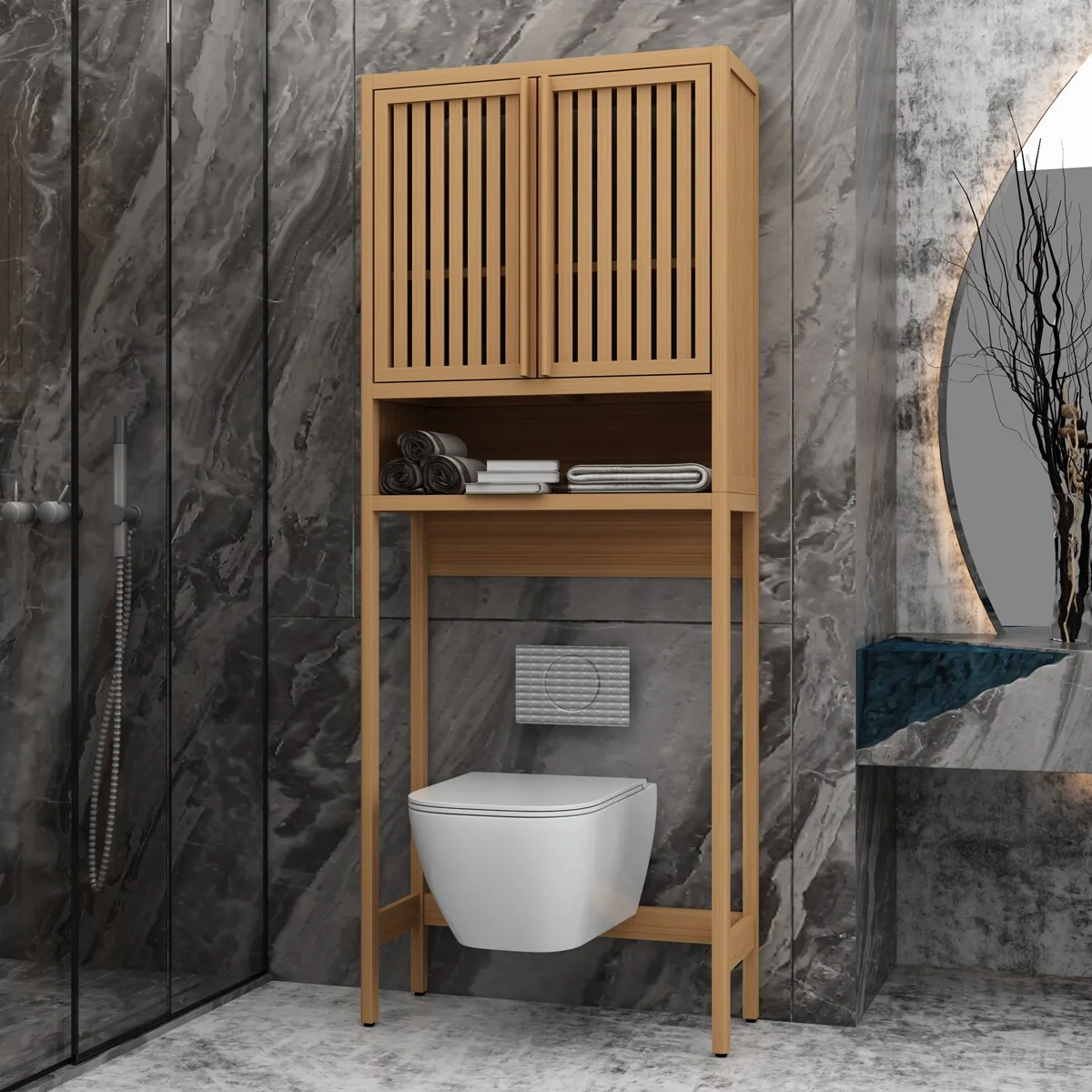 Bamboo Over The Toilet Storage Cabinet with Shelf and Double Doors