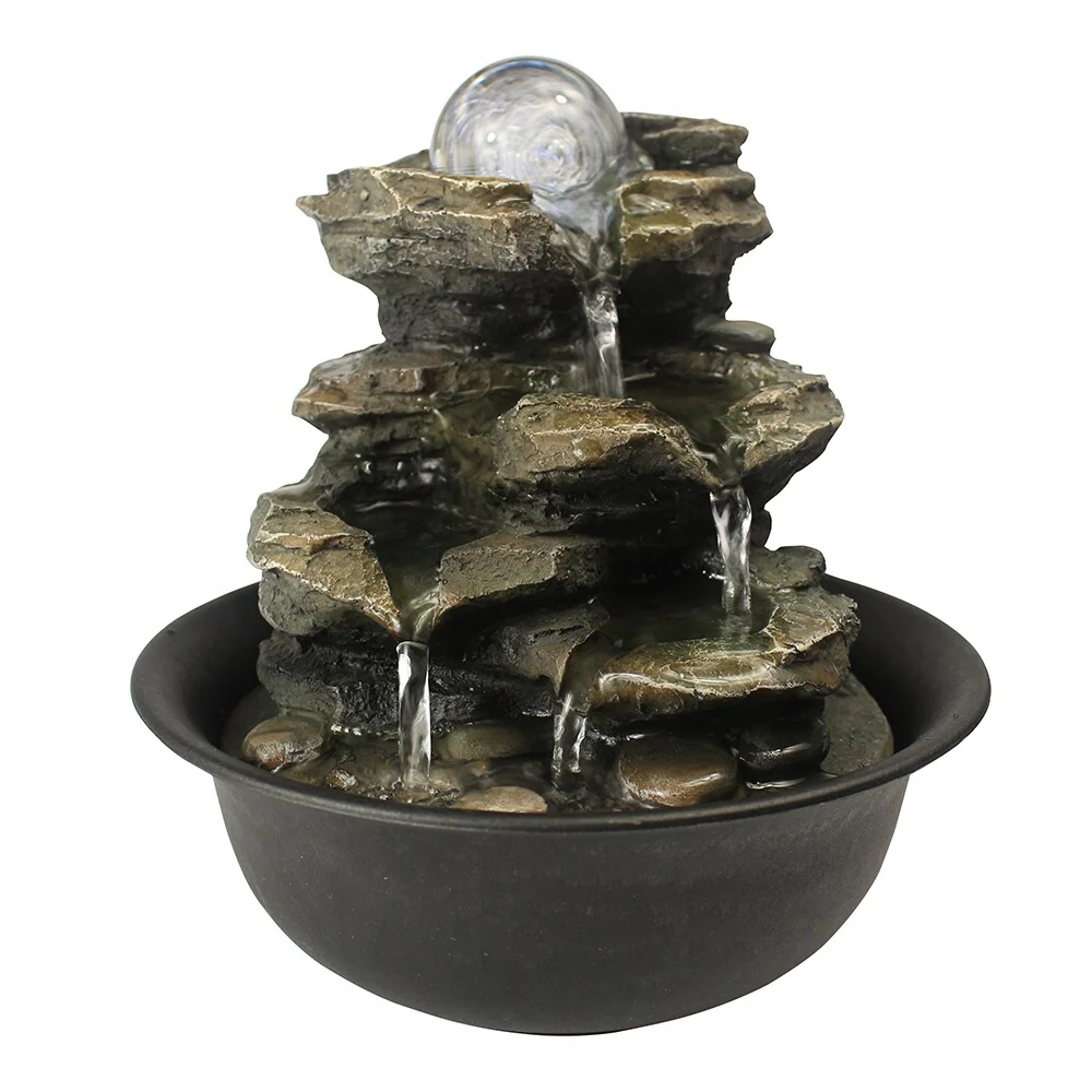 8.3-inch H 4-Tier Cascading Rock Falls Tabletop Water Fountain w/Light