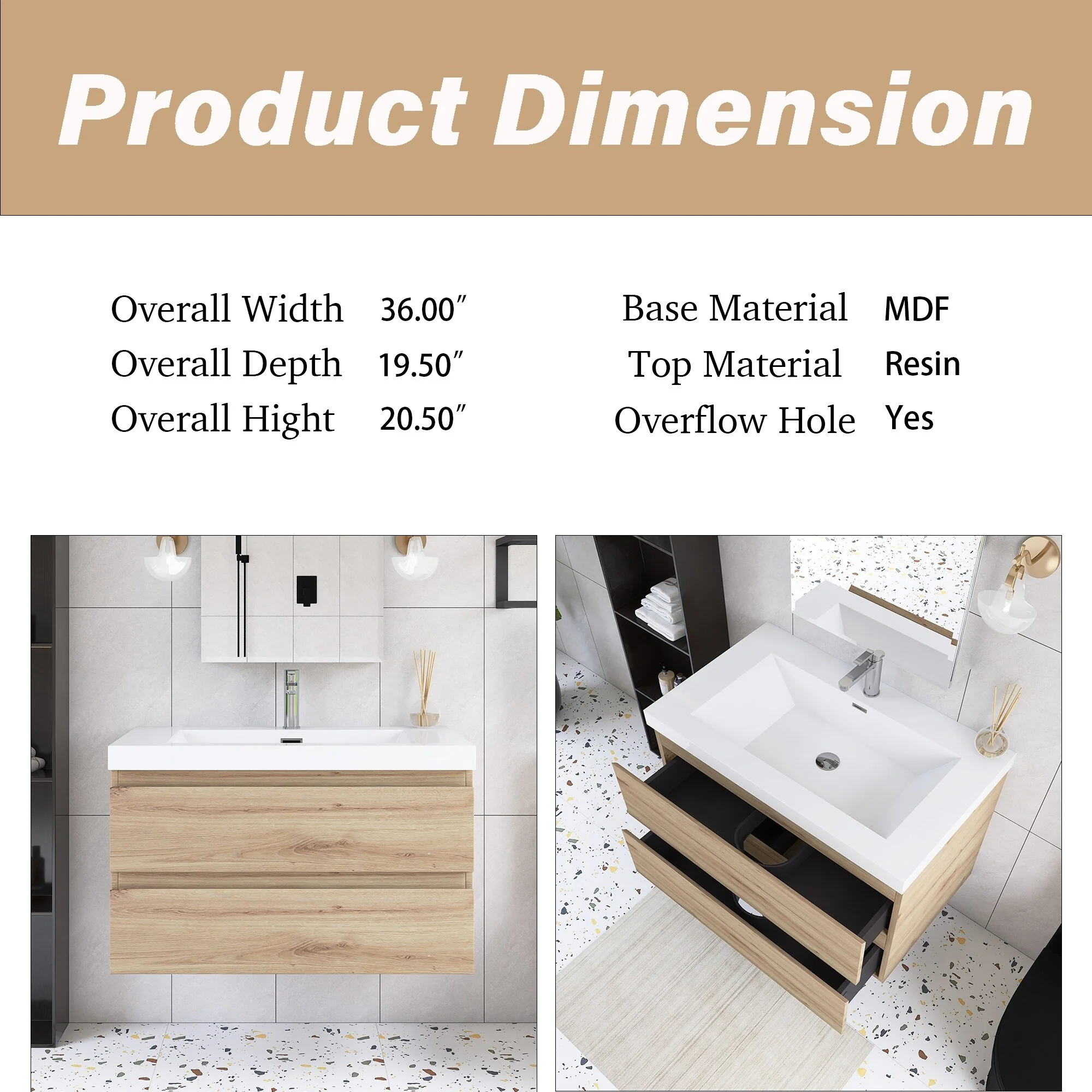 Angela Wall Mounted Bathroom Vanity in F. Oak with White Cultured Marble Top