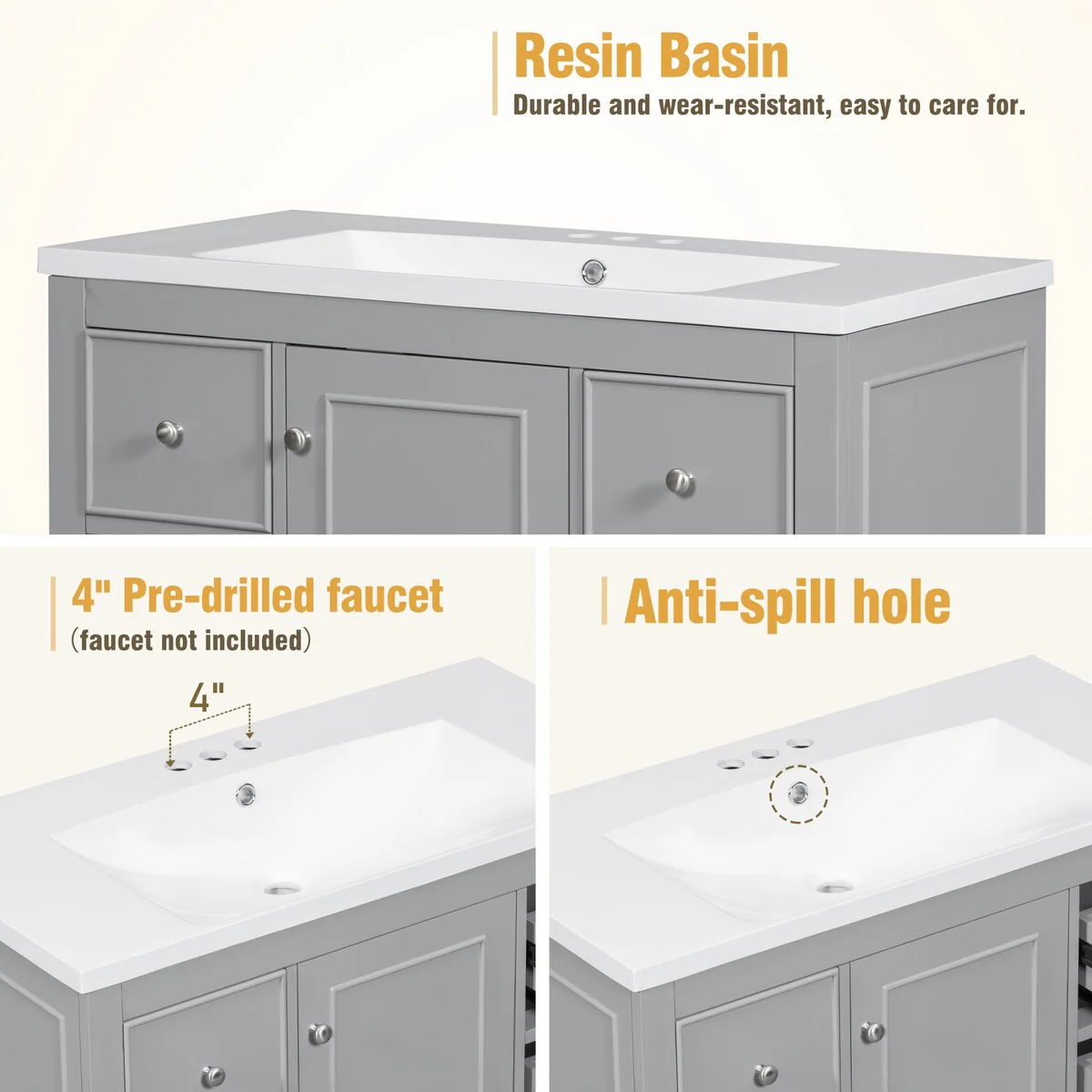 36 in. W Freestanding Bath Vanity with White Resin Sink,4 Drawers and 1 Door