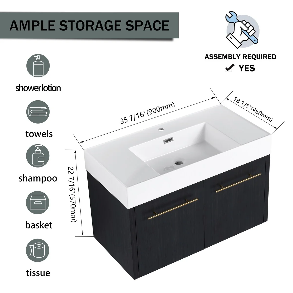 Bathroom Vanity With Sink In 24/30/36 Inch, Floating Bathroom Vanity with Soft Close Door