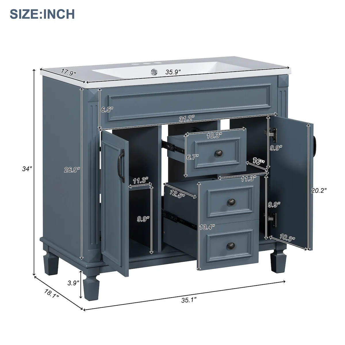Modern Bathroom Storage Vanity with Top Sink, 2 Soft Closing Doors & 2 Drawers