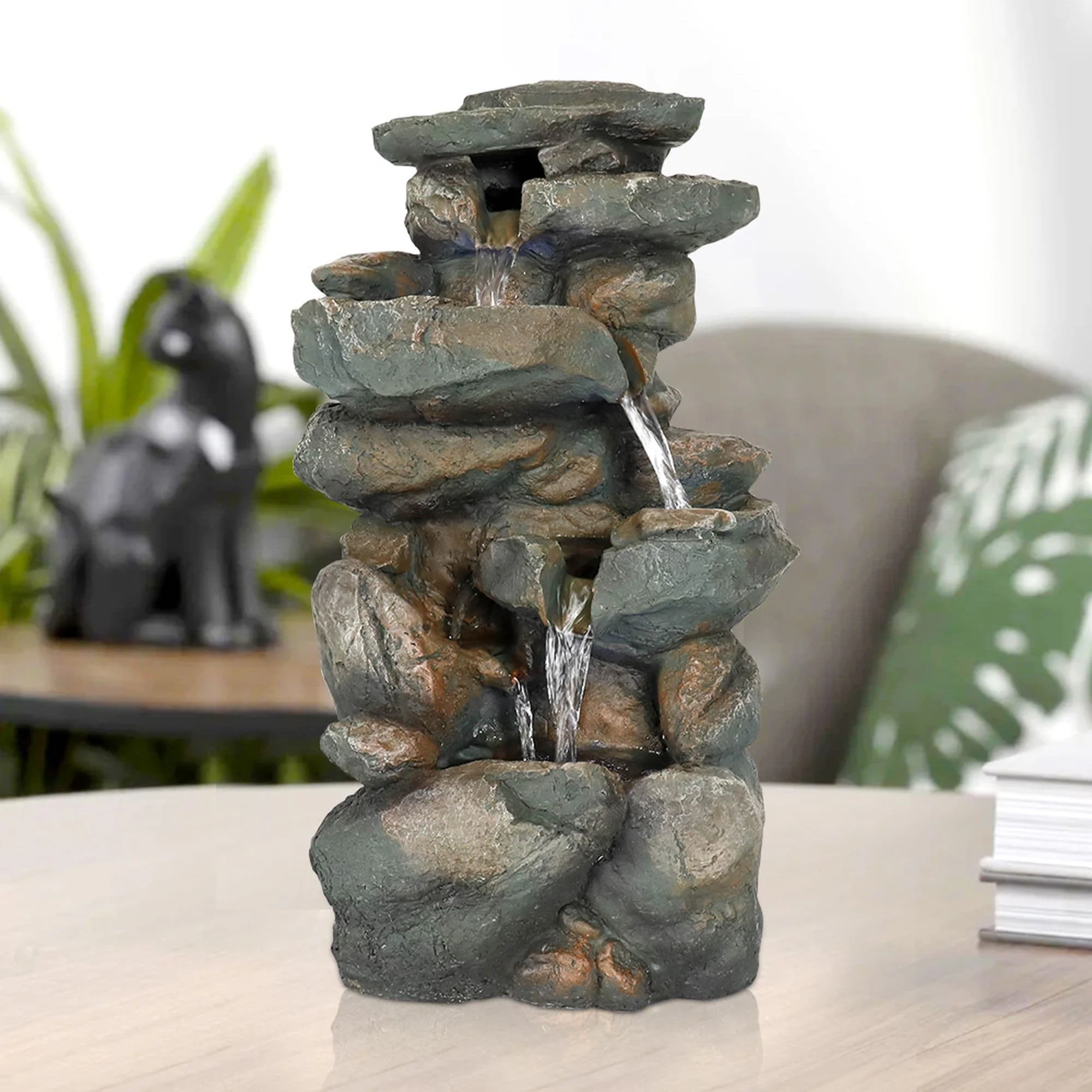 4 Tier Indoor Water Fountain Resin Rockery for Home Office