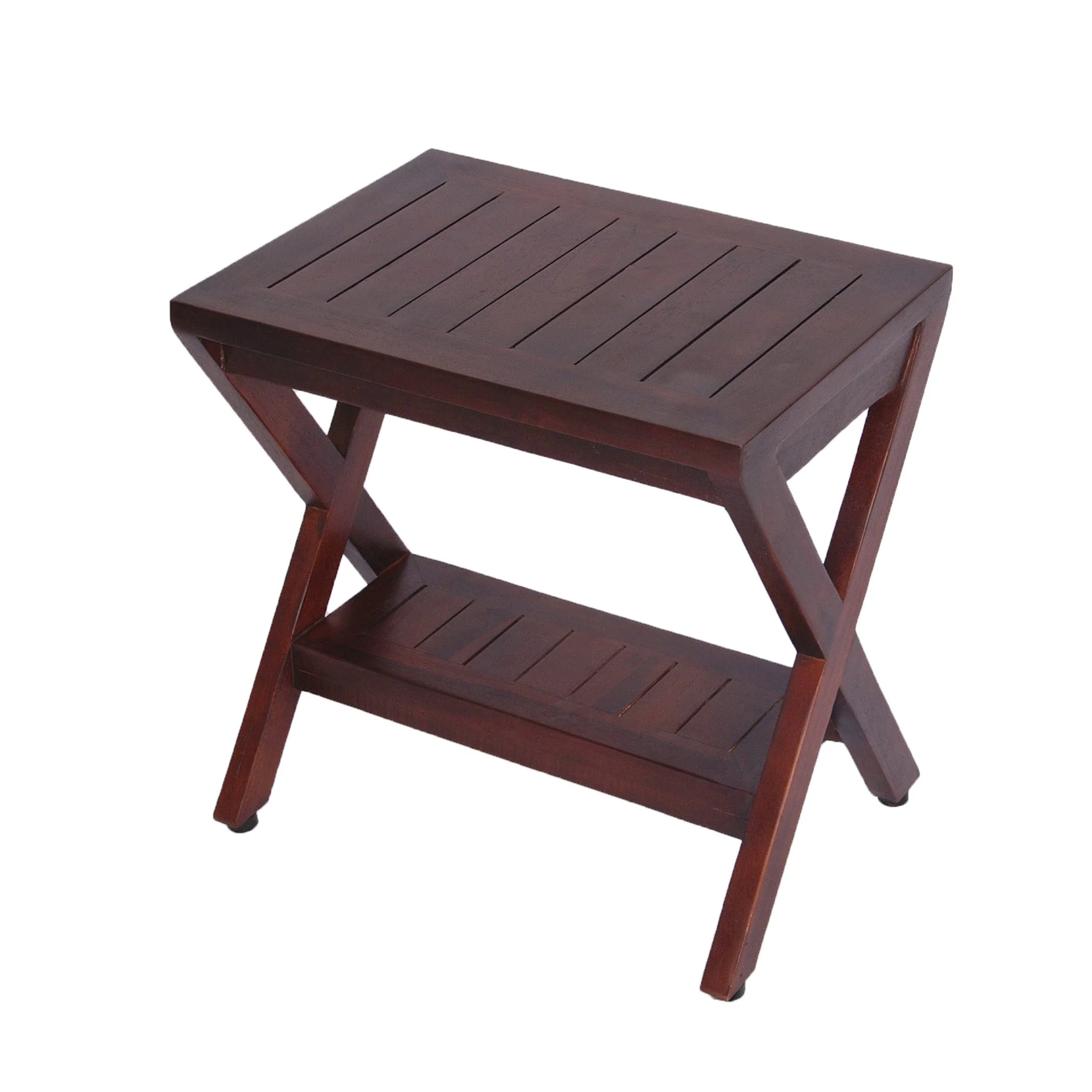 DecoTeak Obliquity Solid Teak Shower Bench With Shelf in WoodLand Brown Finish