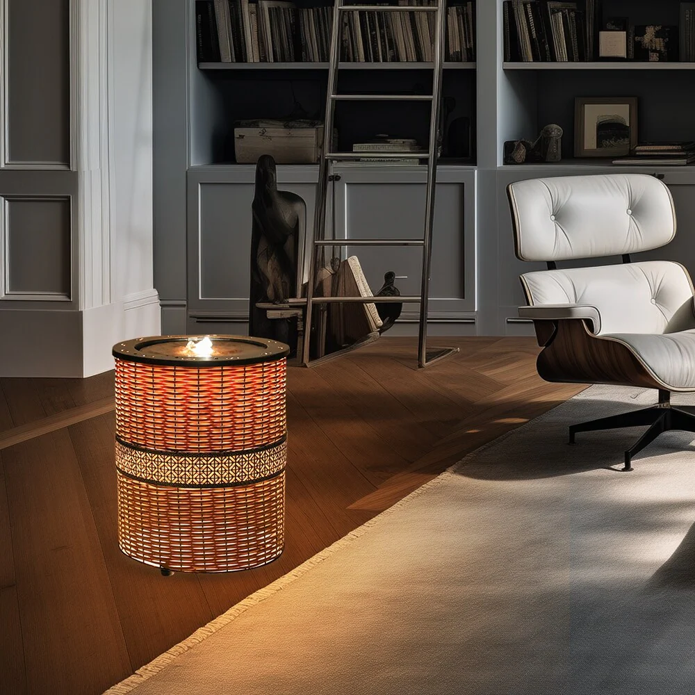 Indoor 16.9in H Round Rattan Water Fountain w/LED Light for Home Decor