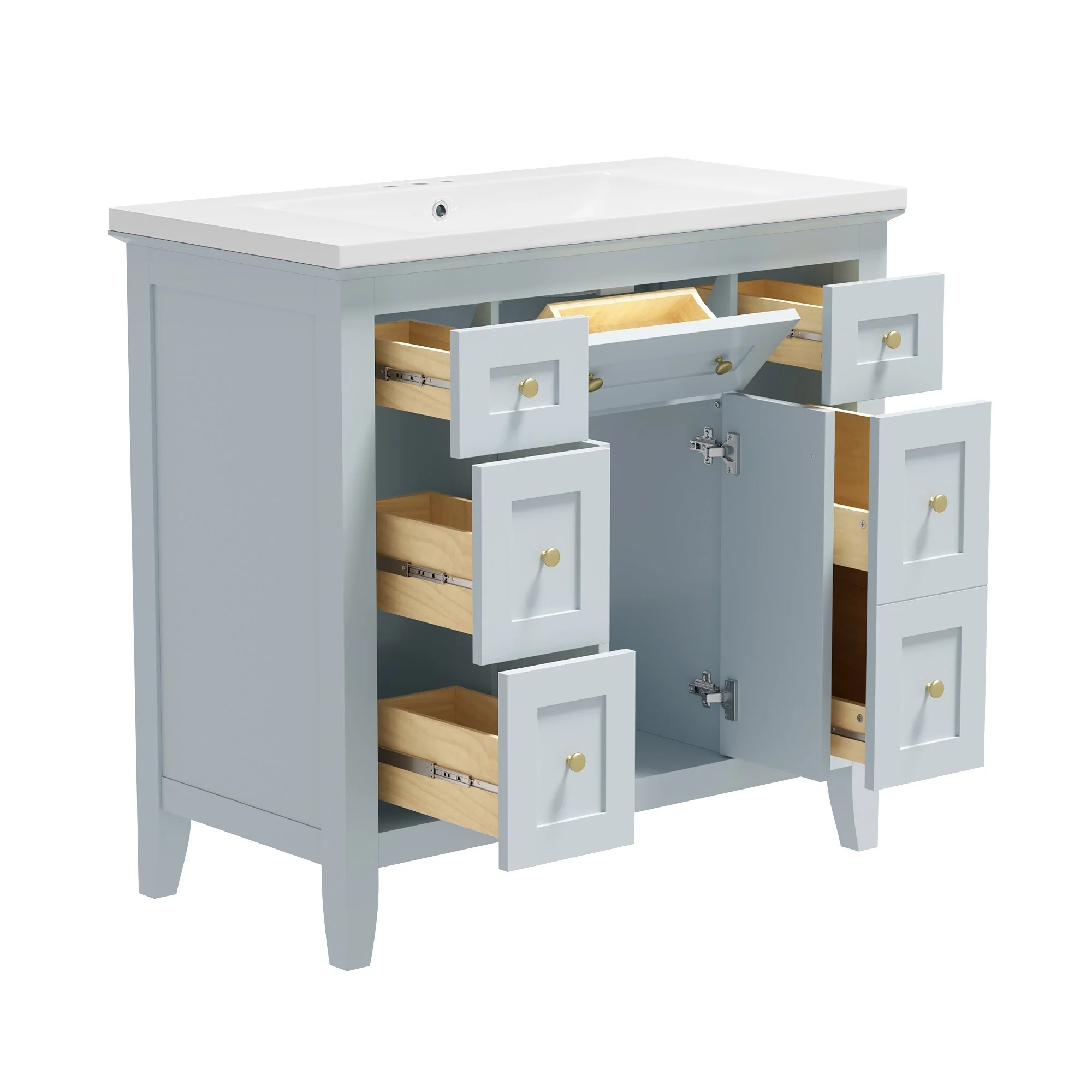 Modern Freestanding Single Bathroom Cabinet with 6 Drawers 2 Cabinets