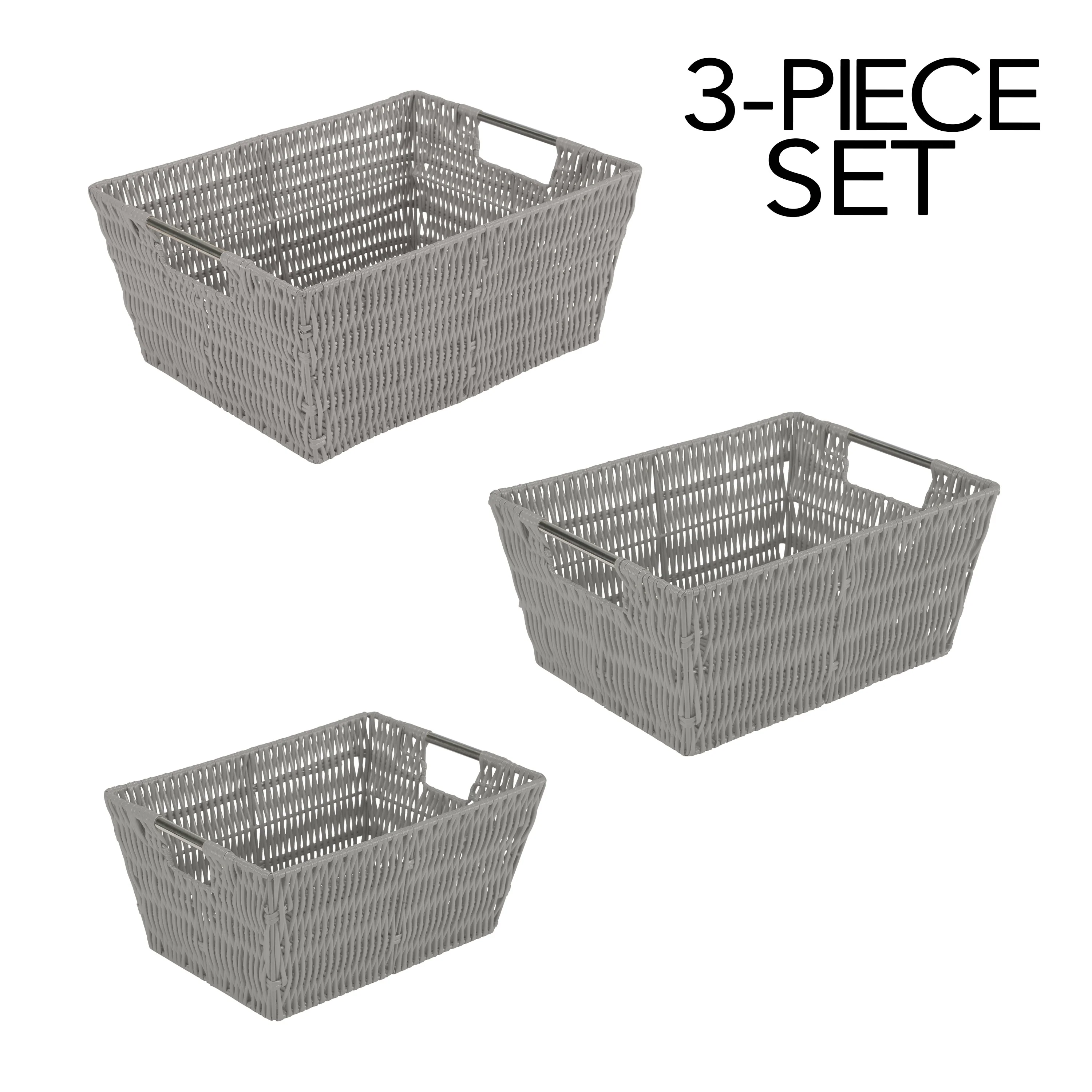 Simplify 3 Pack Set Rattan Tote Baskets in Charcoal