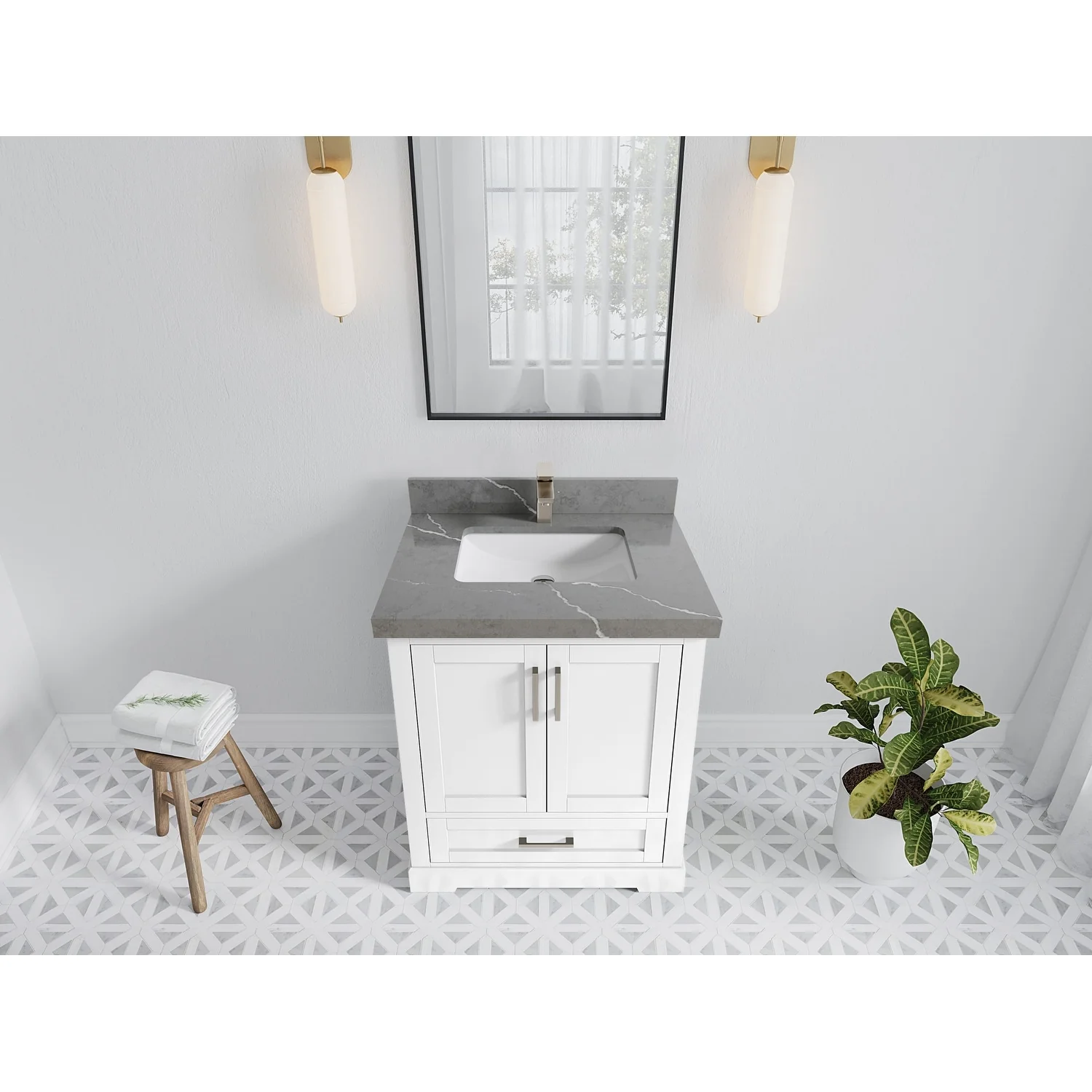 Willow Collection 30 in W x 22 in D x 36 in H Reeded Boston Single Bowl Sink Bathroom Vanity with Quartz or Marble Countertop