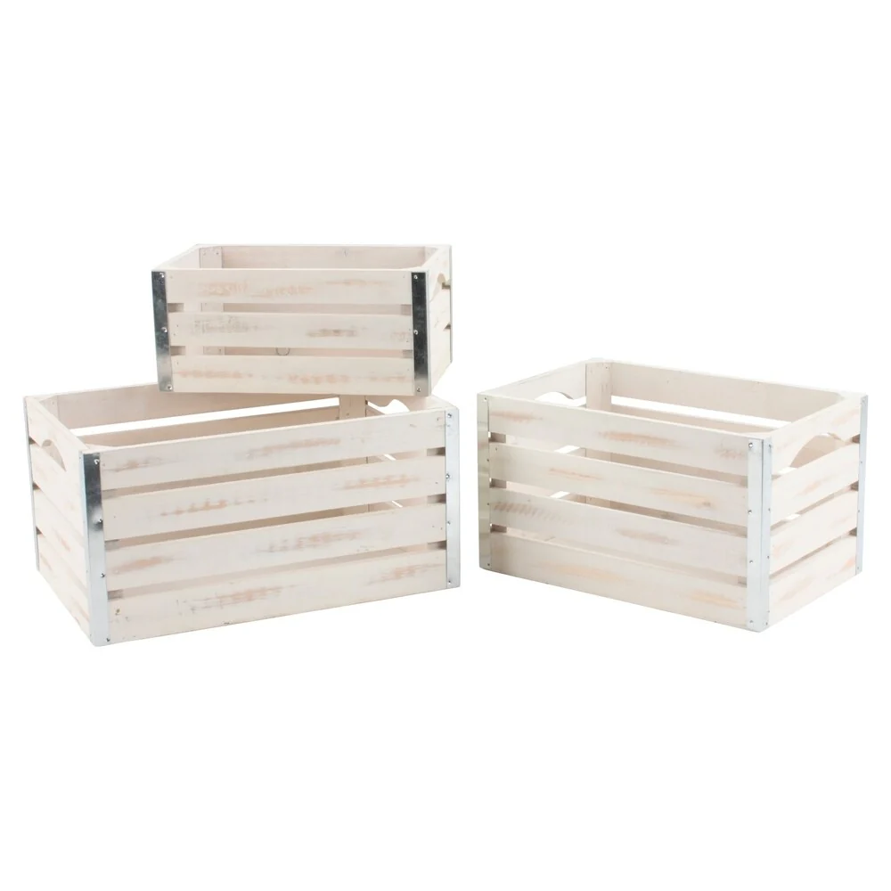 Set of 3 Medium Whitewash Wood Crates