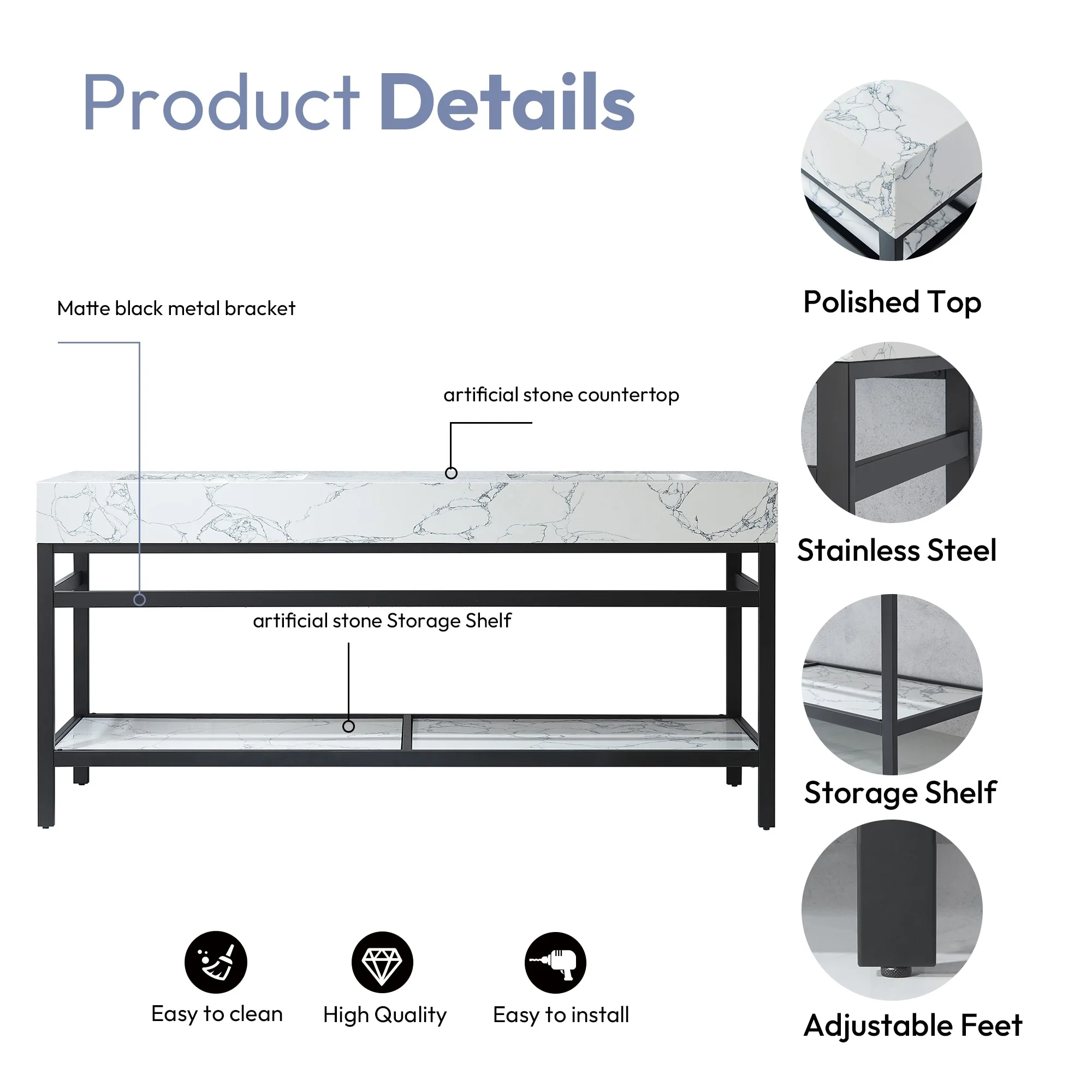 Ecija Bath Vanity, Metal Support with Composite Stone Top, no Mirror