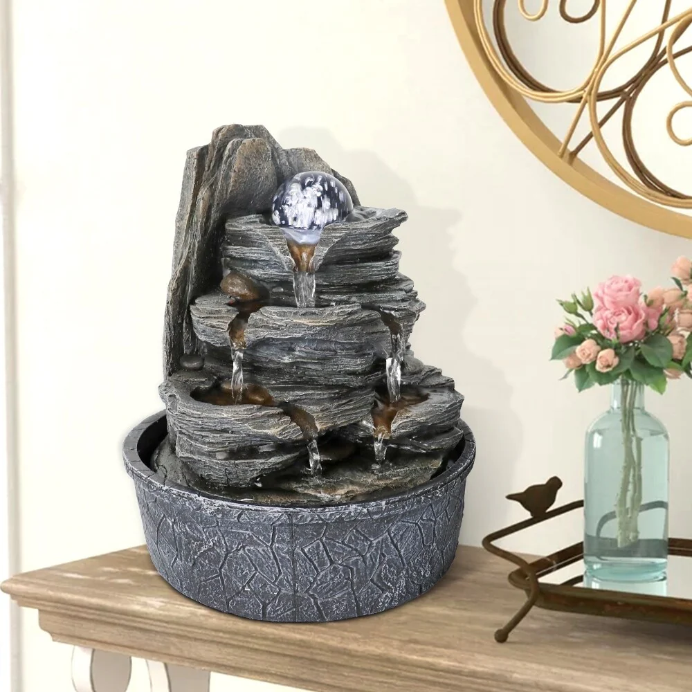 Cascading Fountain w/Light & Ball Indoor Waterfall Fountain for Home