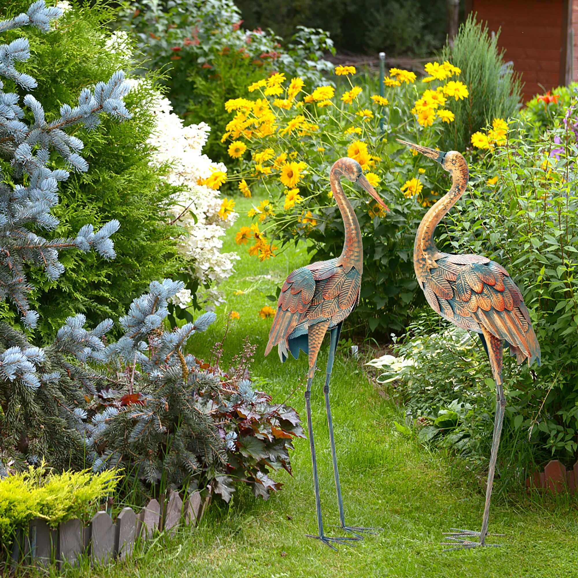 Costway 2-Piece Metal Crane/Flamingo Garden Statue Sculpture Set