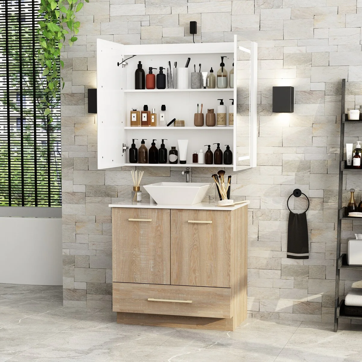 Bathroom Vanity with Ceramic Basin and Modern Medicine Cabinet Combo