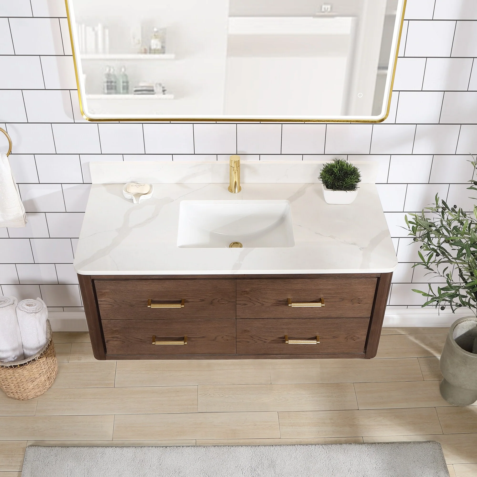 Cristo Floating Bath Vanity with White Quartz Stone Top and Mirror