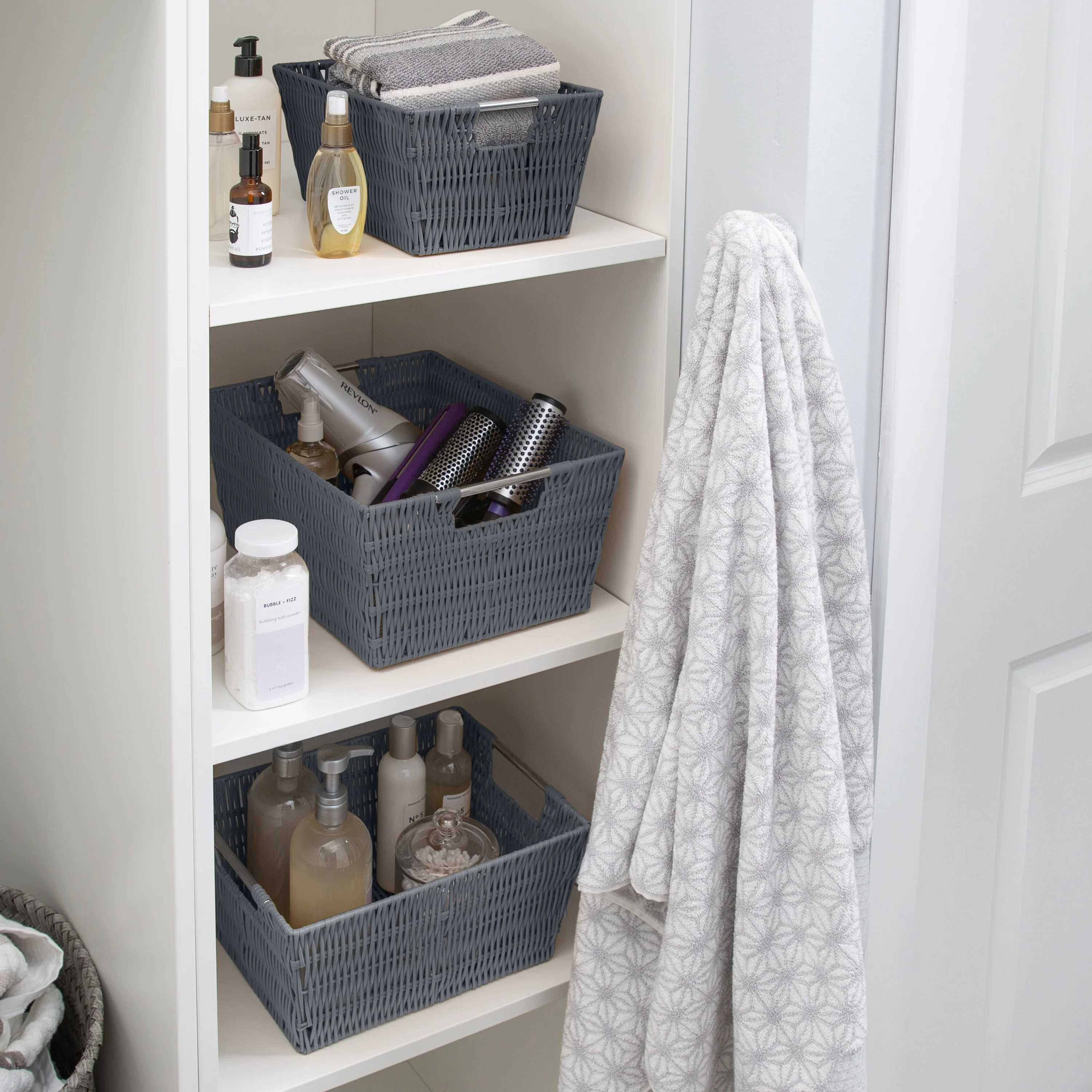 Simplify 3 Pack Set Rattan Tote Baskets in Charcoal