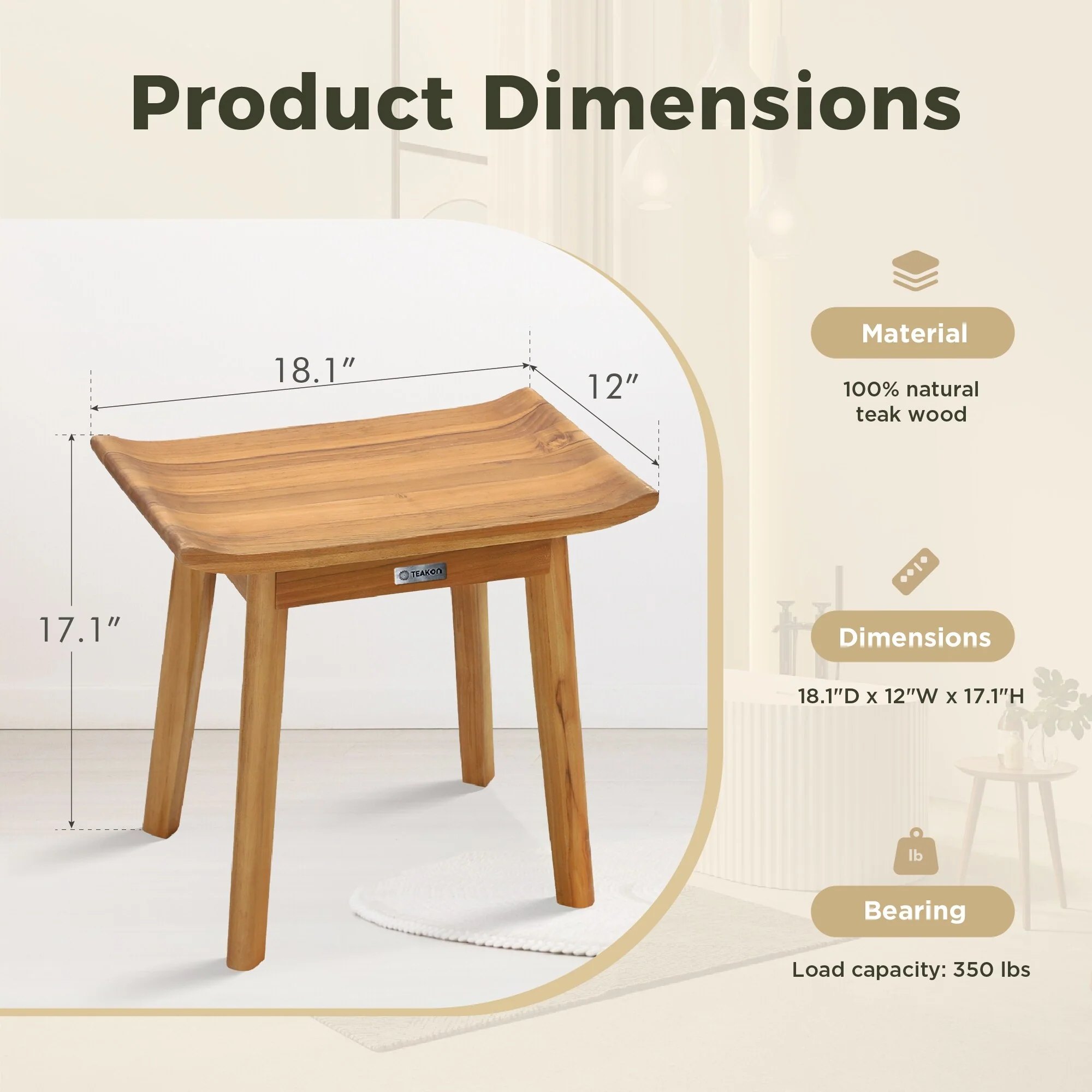 Bathroom Stool with Storage Shelf, Teak Shower Bench Waterproof Wood Bench, Shower Seat