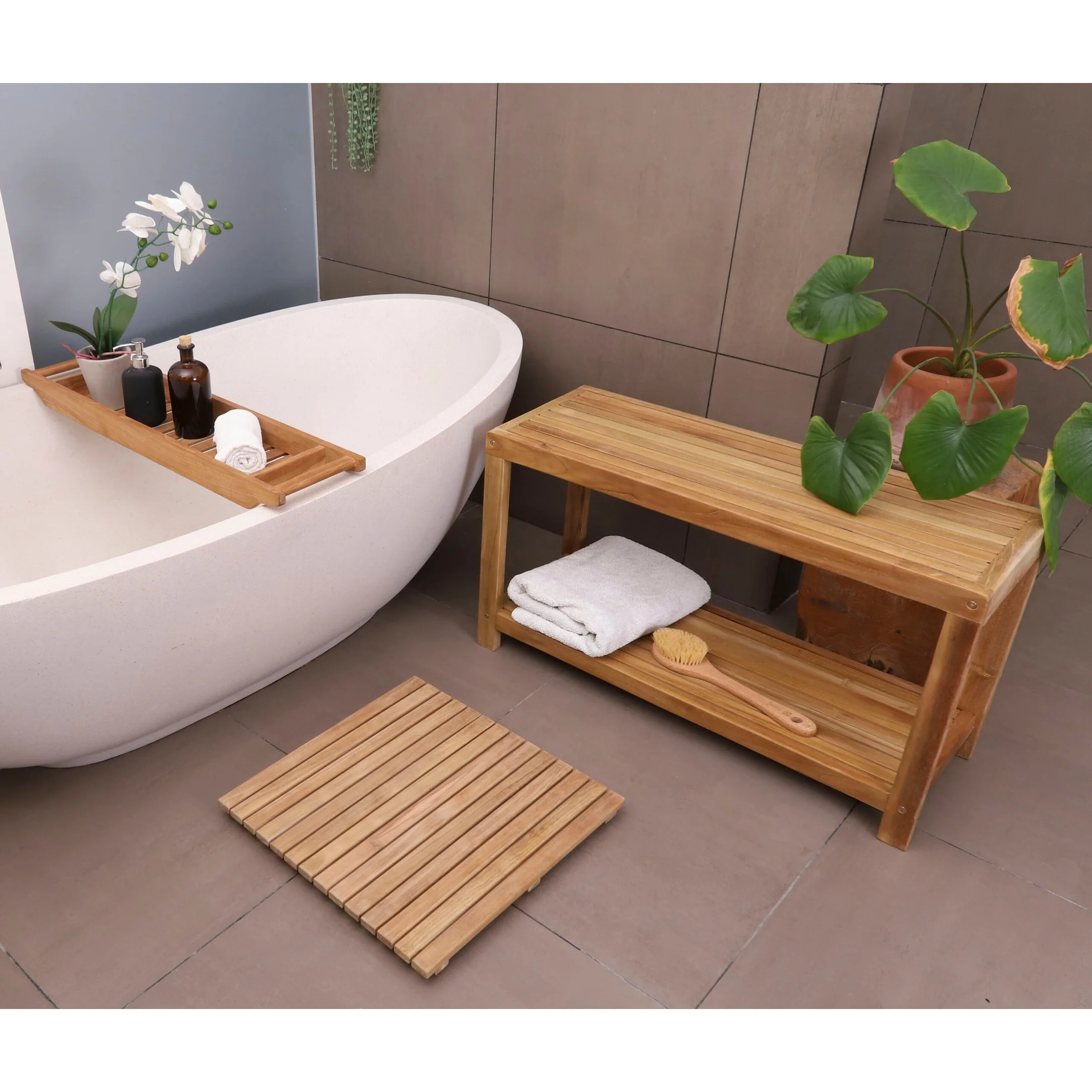 Nordic Style Natural Teak Spa Bench with Shelf 35″ - Beige