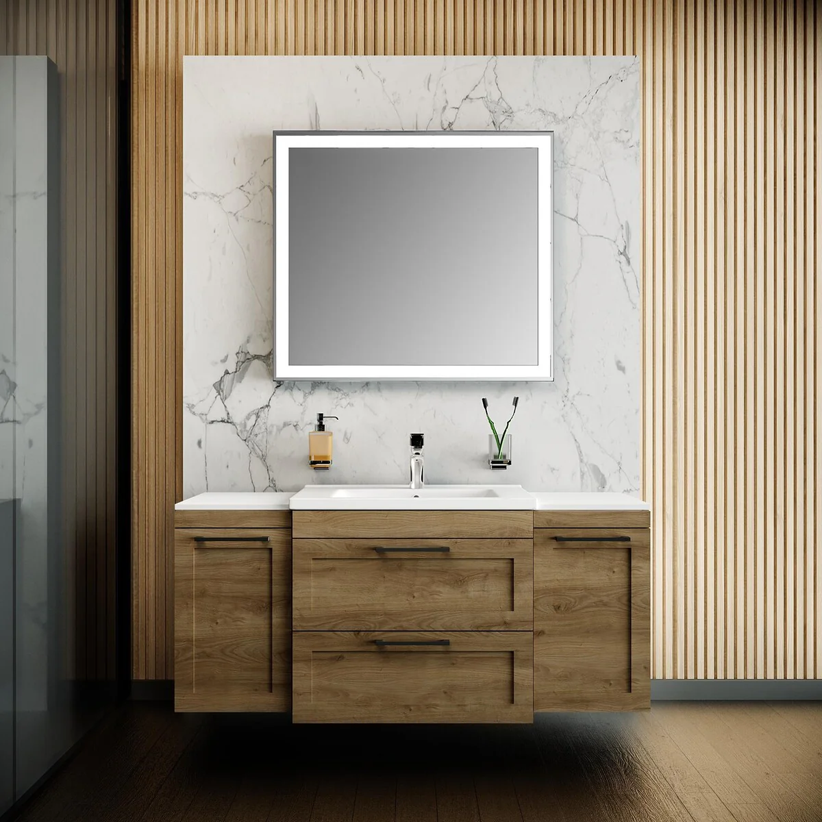 Modern Wall-Mounted Bathroom Vanity with Washbasin Palm Beach Teak Natural Non-Toxic MDF-26
