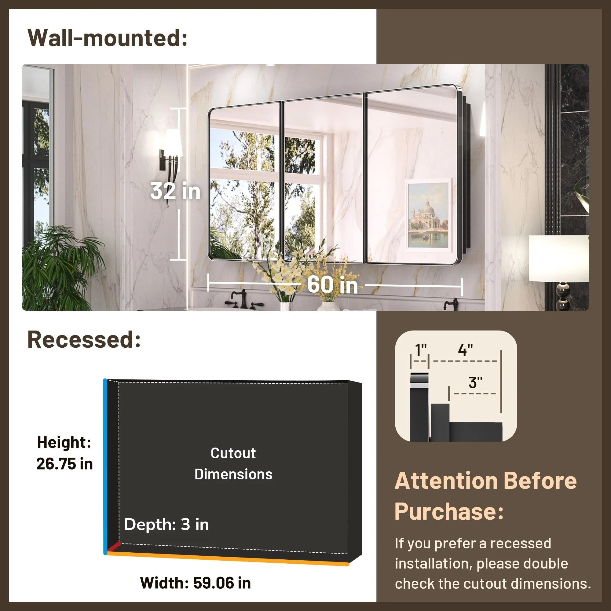 KEONJINN Medicine Cabinets for Bathroom with Mirror, Stainless Steel 1-3 Framed Doors