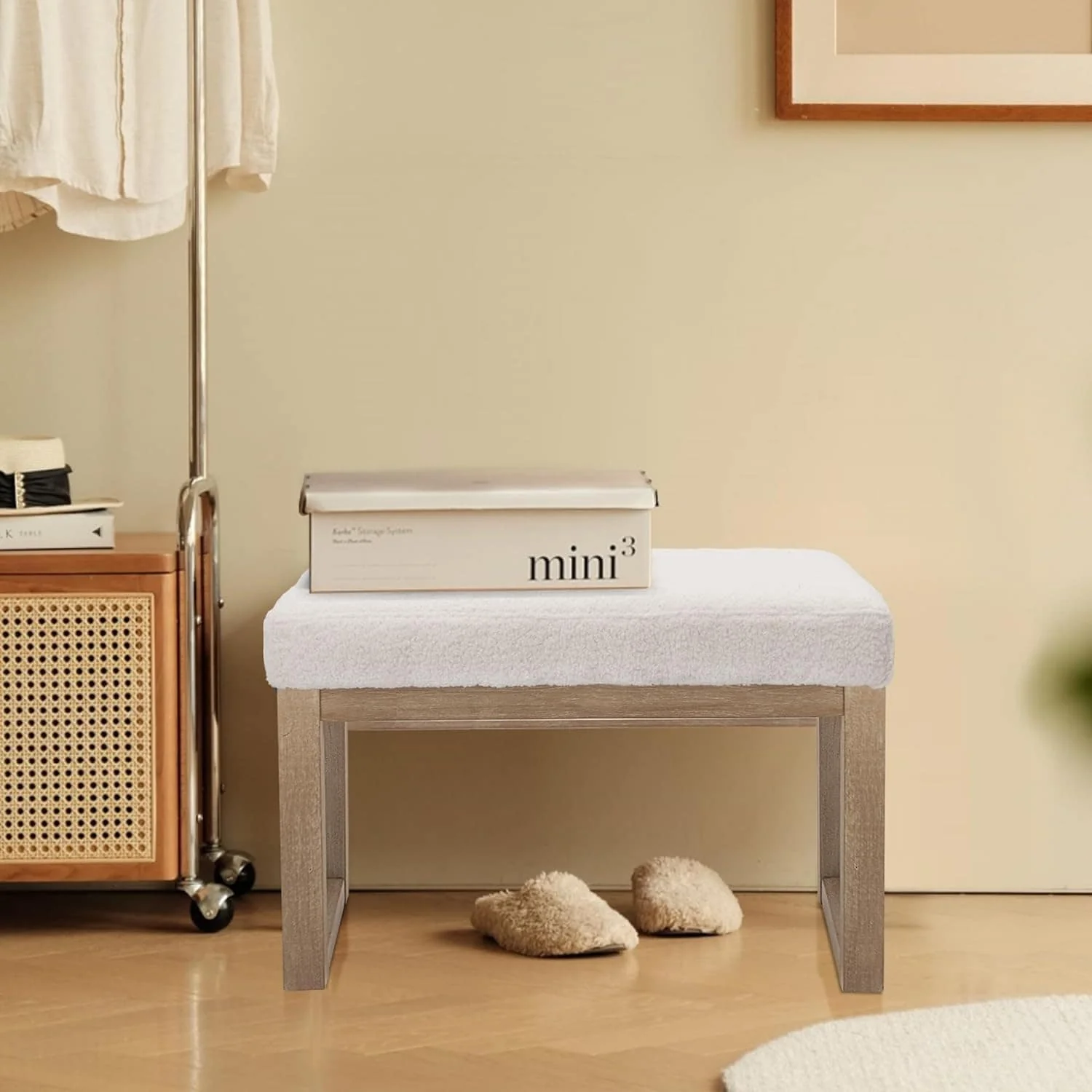 27 inch Wide Rectangle Ottoman Bench White Footstool, Velvet Look,White