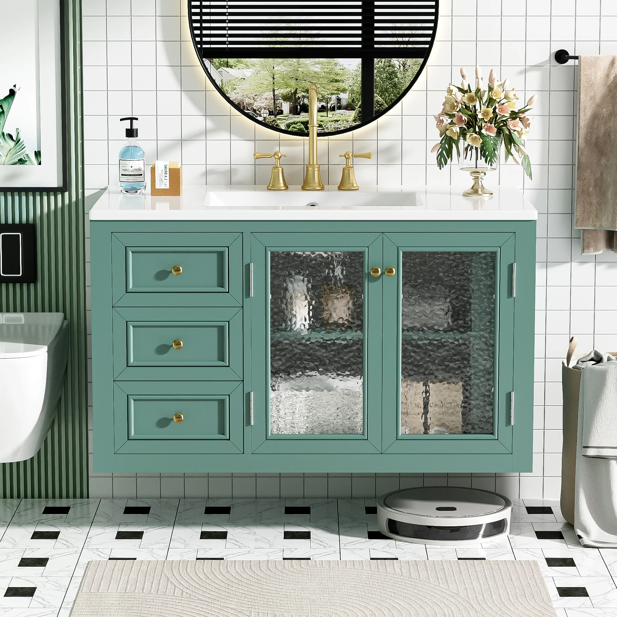 GDFStudio 36'' Wall Mounted Bathroom Vanity with Ceramic Sink, Floating Bathroom Storage Cabinet with 3 Drawers