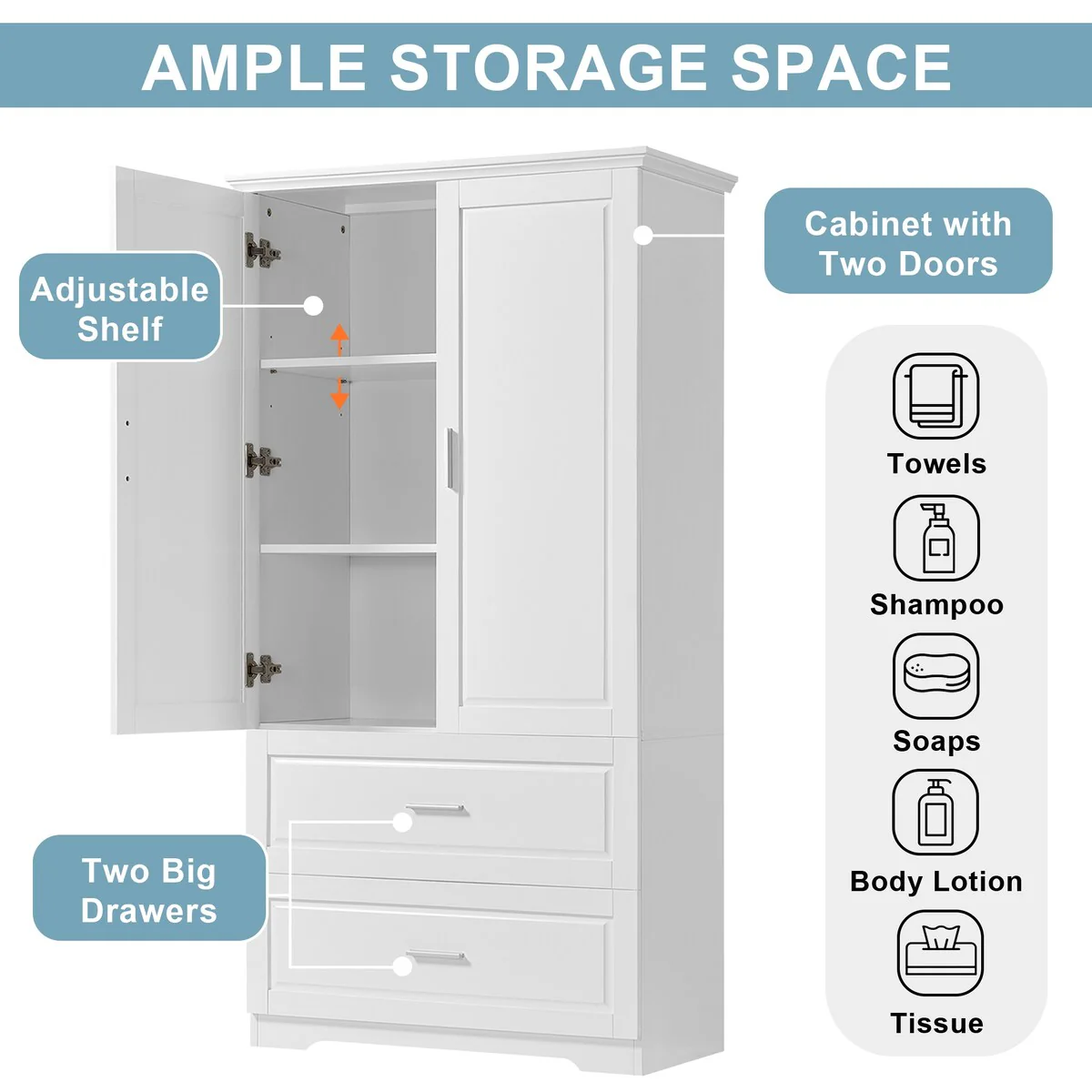 Tall Bathroom Storage Cabinet with Two Doors and Drawers