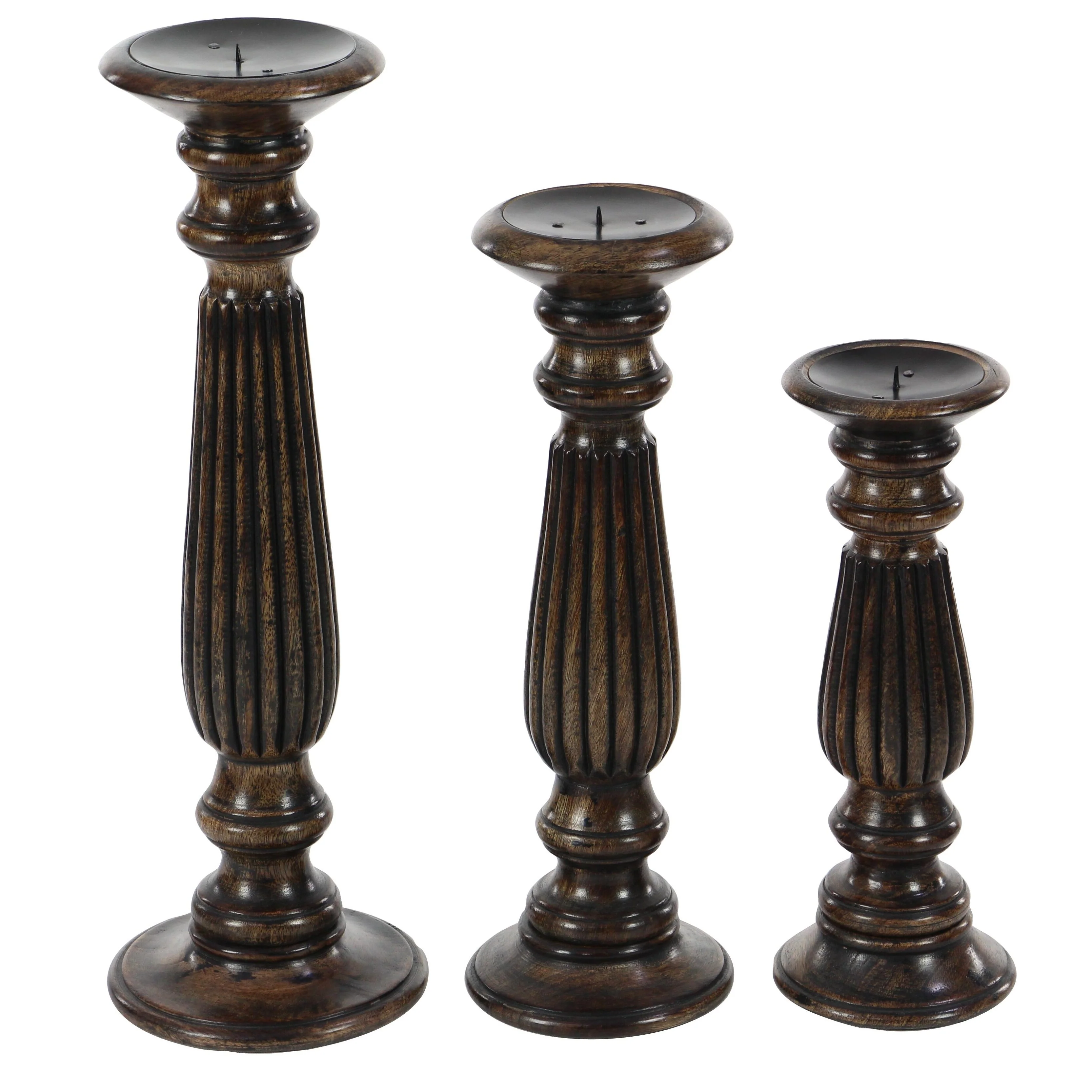 Traditional Mango Distressed Turned Pillar Wood Candle Holder (Set of 3) - Dark Brown, Beige, White